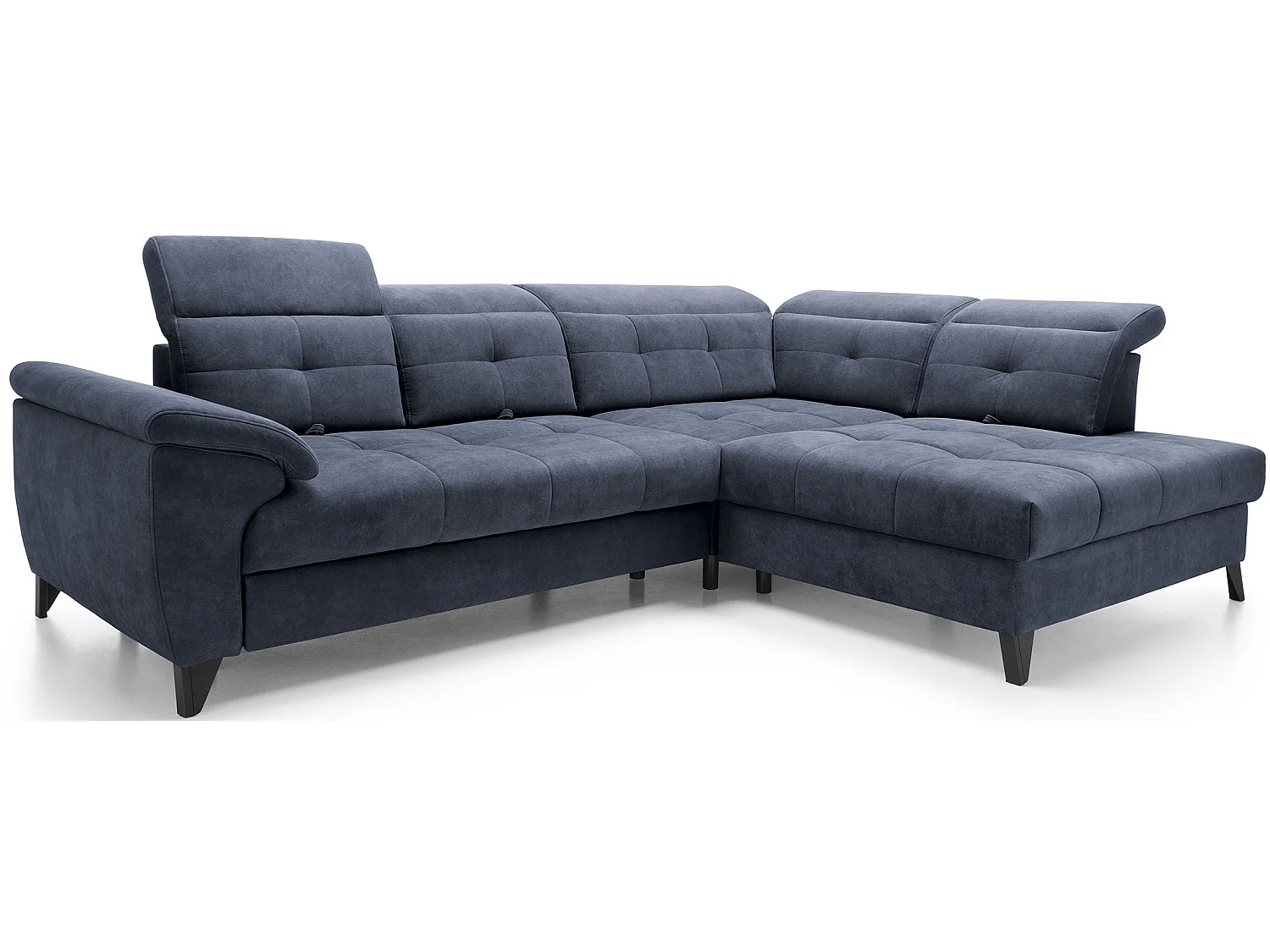Canapé d'angle convertible tissu velouté KARIN - Coffre et appuis-tête réglables-Bleu marine-angle droit