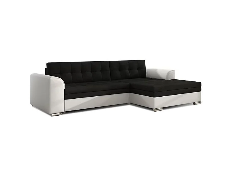 Sofá esquinero convertible KAPONA en tela y piel sintética - Patas de acero cromado-Blanco - Negro-Ángulos rectos