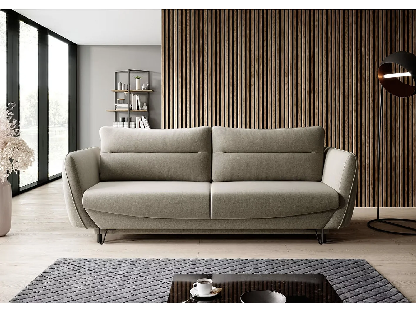 Canapé droit convertible 3 places tissu ZURIK 236cm - Coffre de rangement & pieds métal noir-Beige
