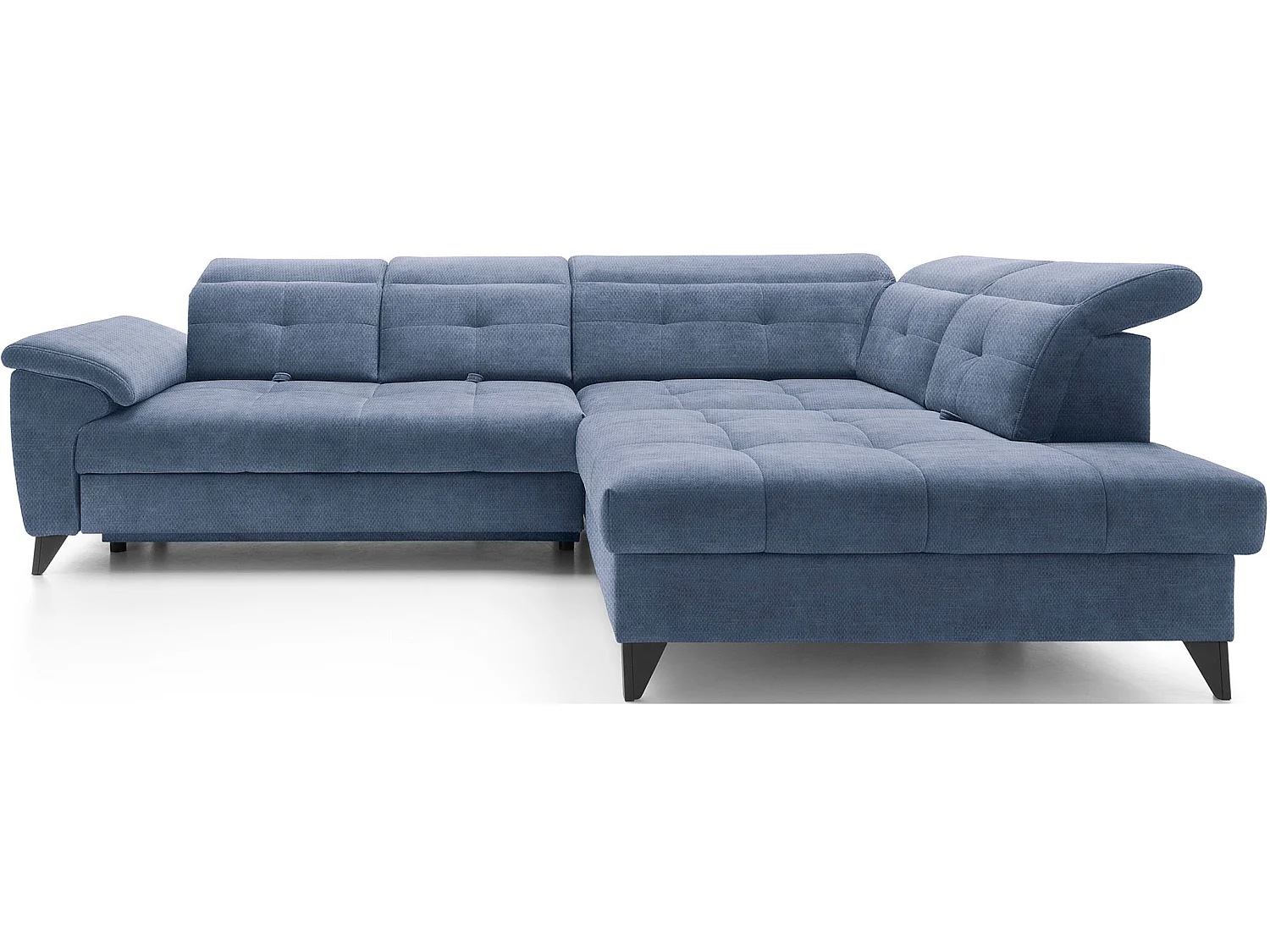 Canapé d'angle convertible tissu velouté KARIN - Coffre et appuis-tête réglables-Bleu turquin-angle droit