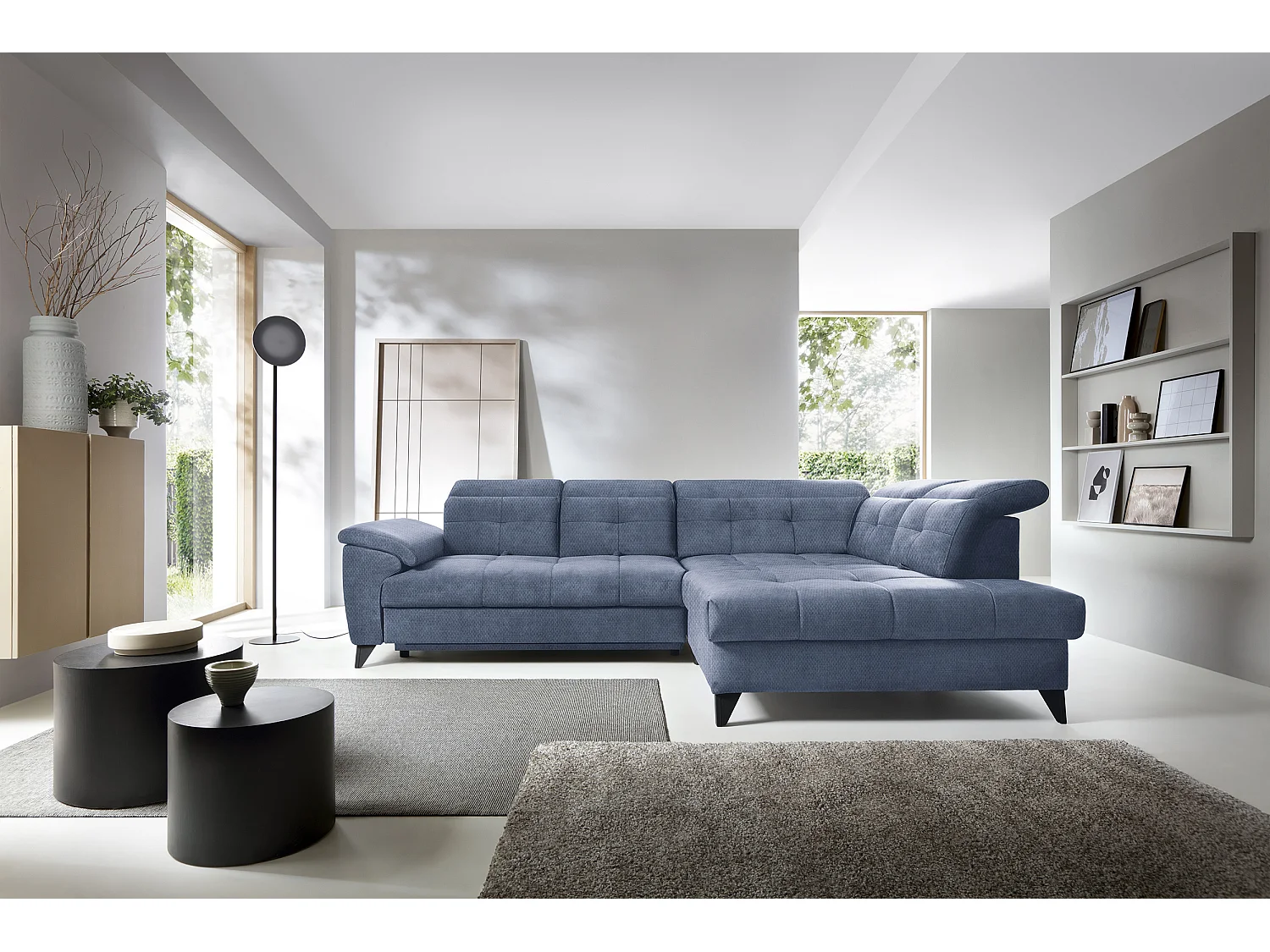 Canapé d'angle convertible tissu velouté KARIN - Coffre et appuis-tête réglables-Bleu turquin-angle droit