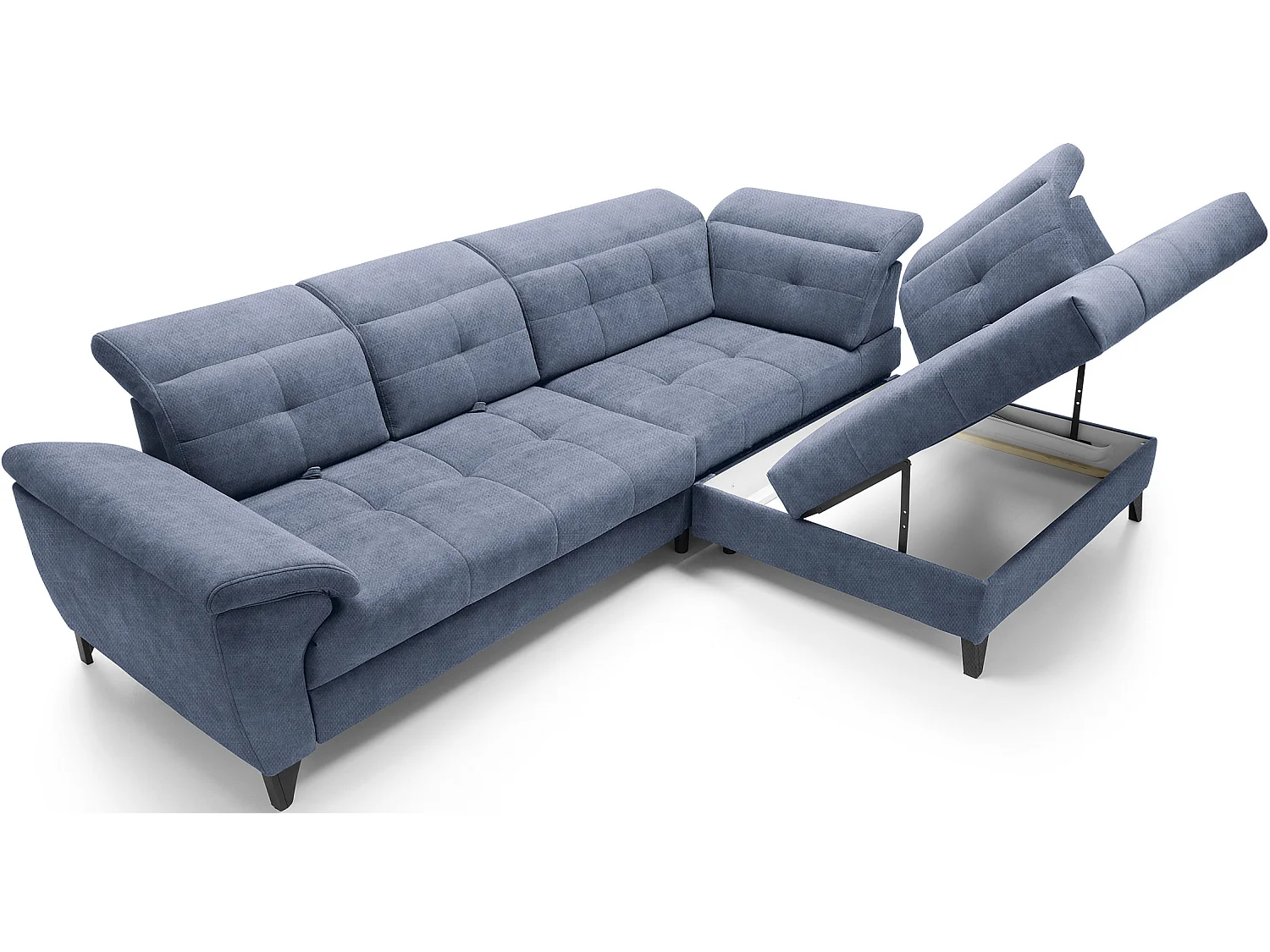 Canapé d'angle convertible tissu velouté KARIN - Coffre et appuis-tête réglables-Bleu turquin-angle droit