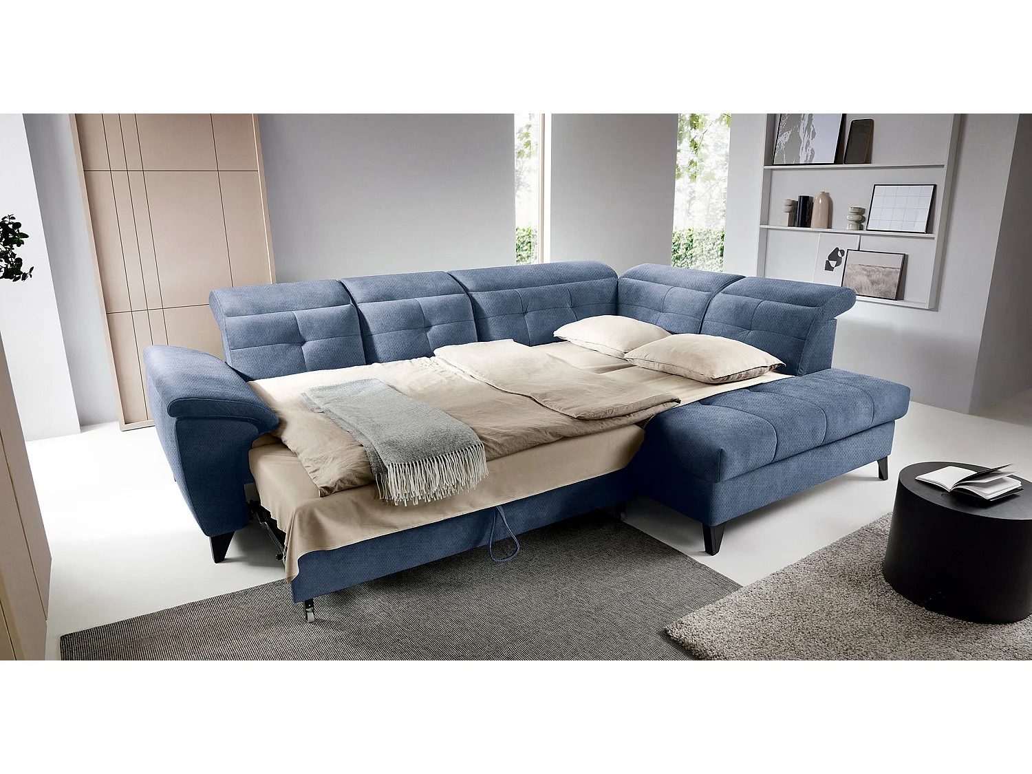 Canapé d'angle convertible tissu velouté KARIN - Coffre et appuis-tête réglables-Bleu turquin-angle droit