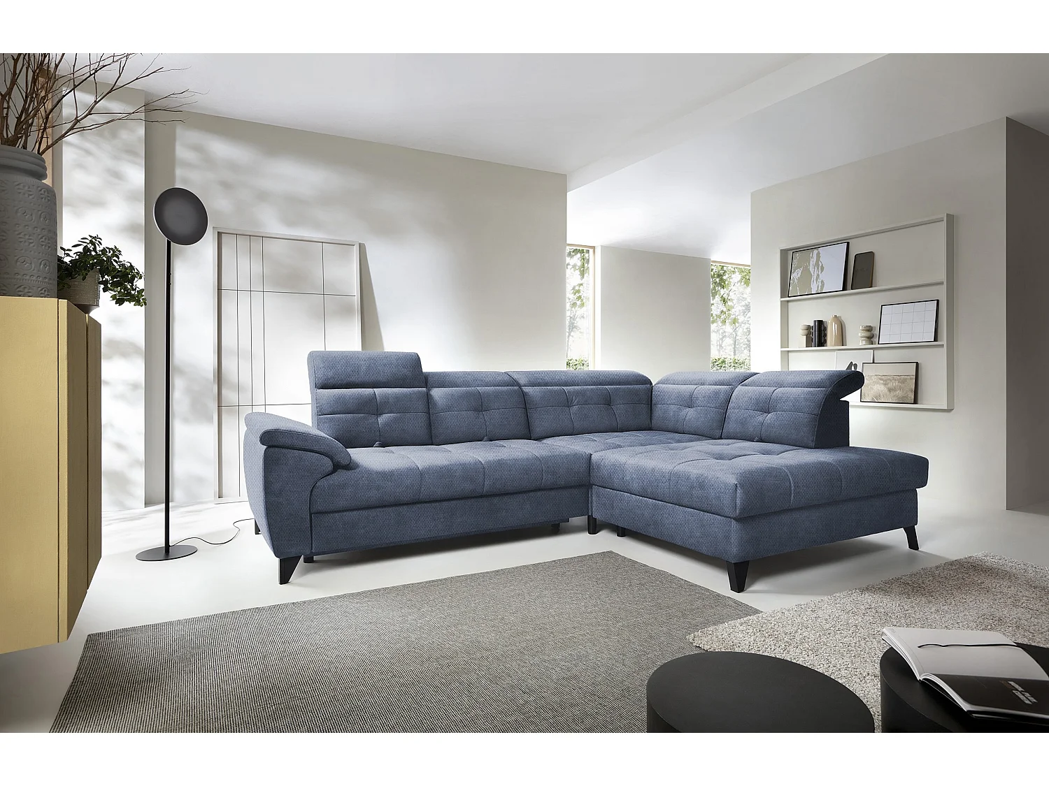 Canapé d'angle convertible tissu velouté KARIN - Coffre et appuis-tête réglables-Bleu turquin-angle droit