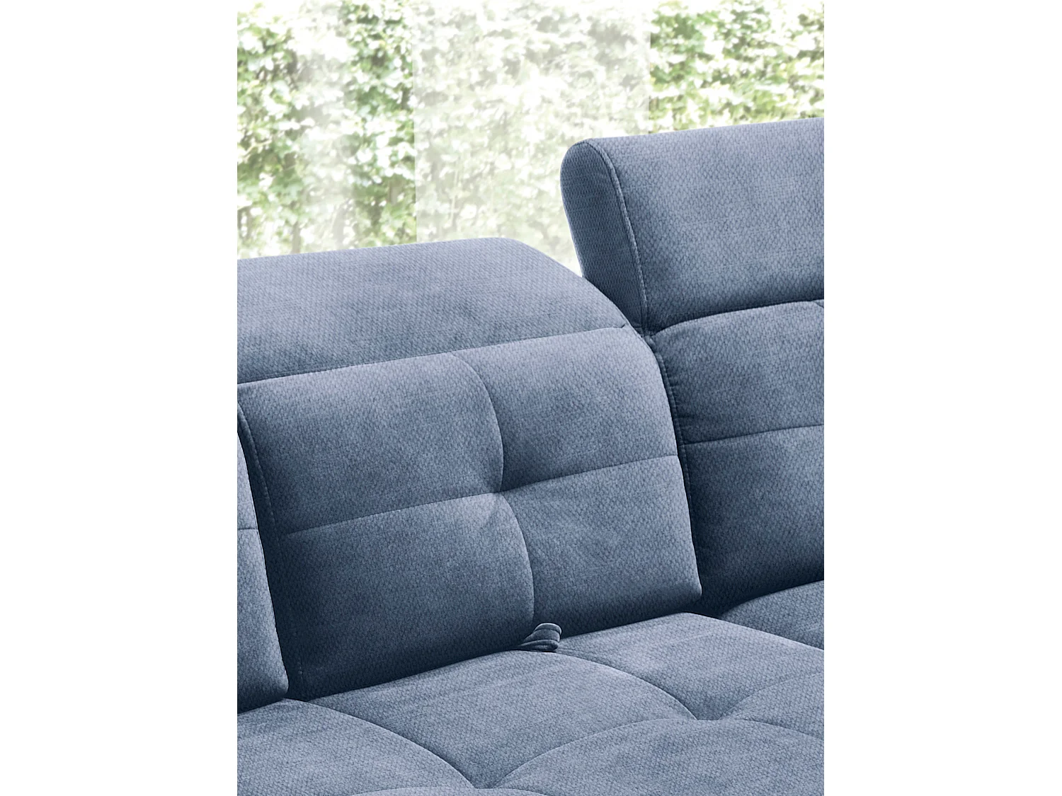 Canapé d'angle convertible tissu velouté KARIN - Coffre et appuis-tête réglables-Bleu turquin-angle droit