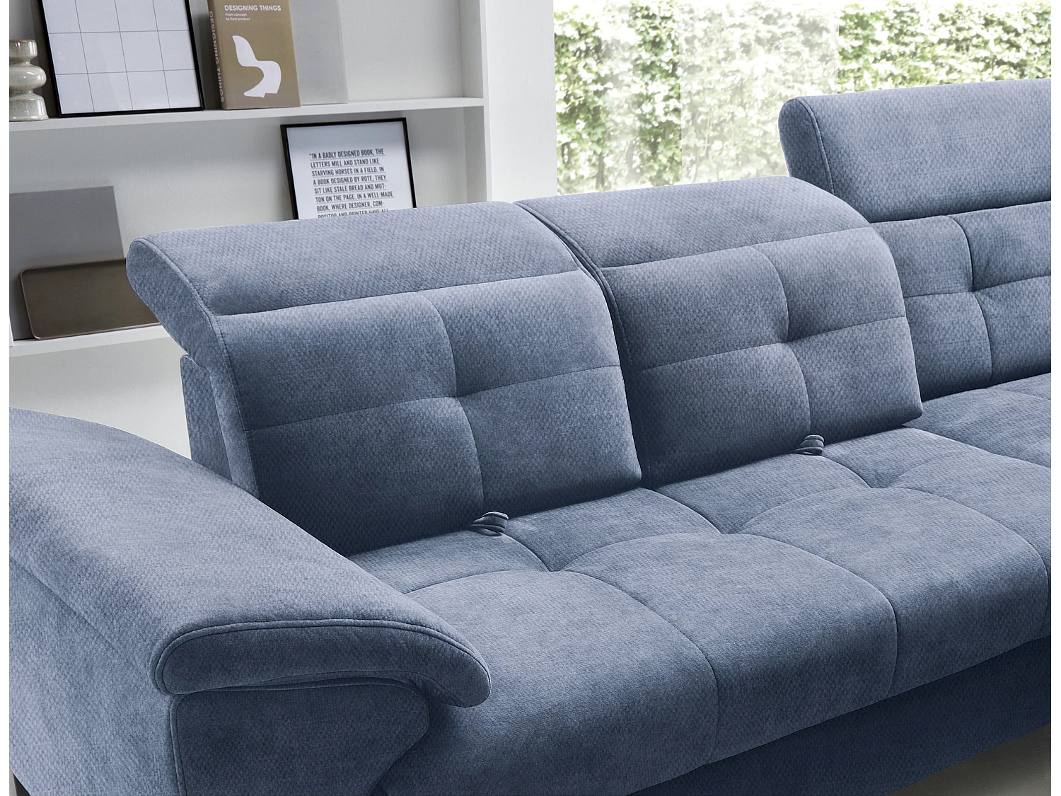 Canapé d'angle convertible tissu velouté KARIN - Coffre et appuis-tête réglables-Bleu turquin-angle droit