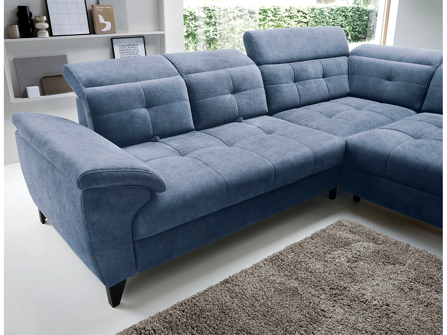 Canapé d'angle convertible tissu velouté KARIN - Coffre et appuis-tête réglables-Bleu turquin-angle droit