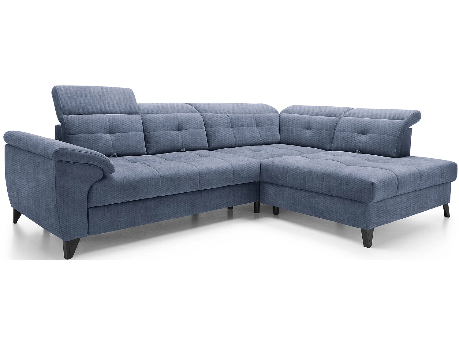 Canapé d'angle convertible tissu velouté KARIN - Coffre et appuis-tête réglables-Bleu turquin-angle droit