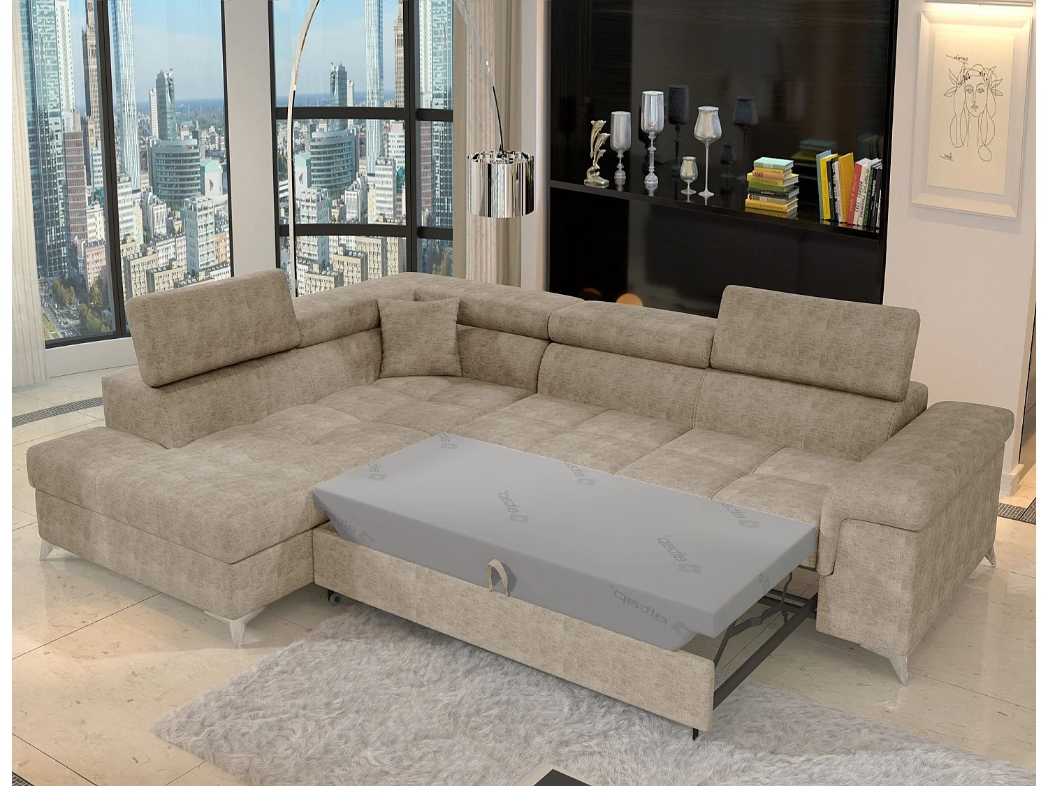 Canapé d’angle convertible MARIDO en tissu avec coffre et têtières réglables – 275cm-Beige foncé-angle gauche