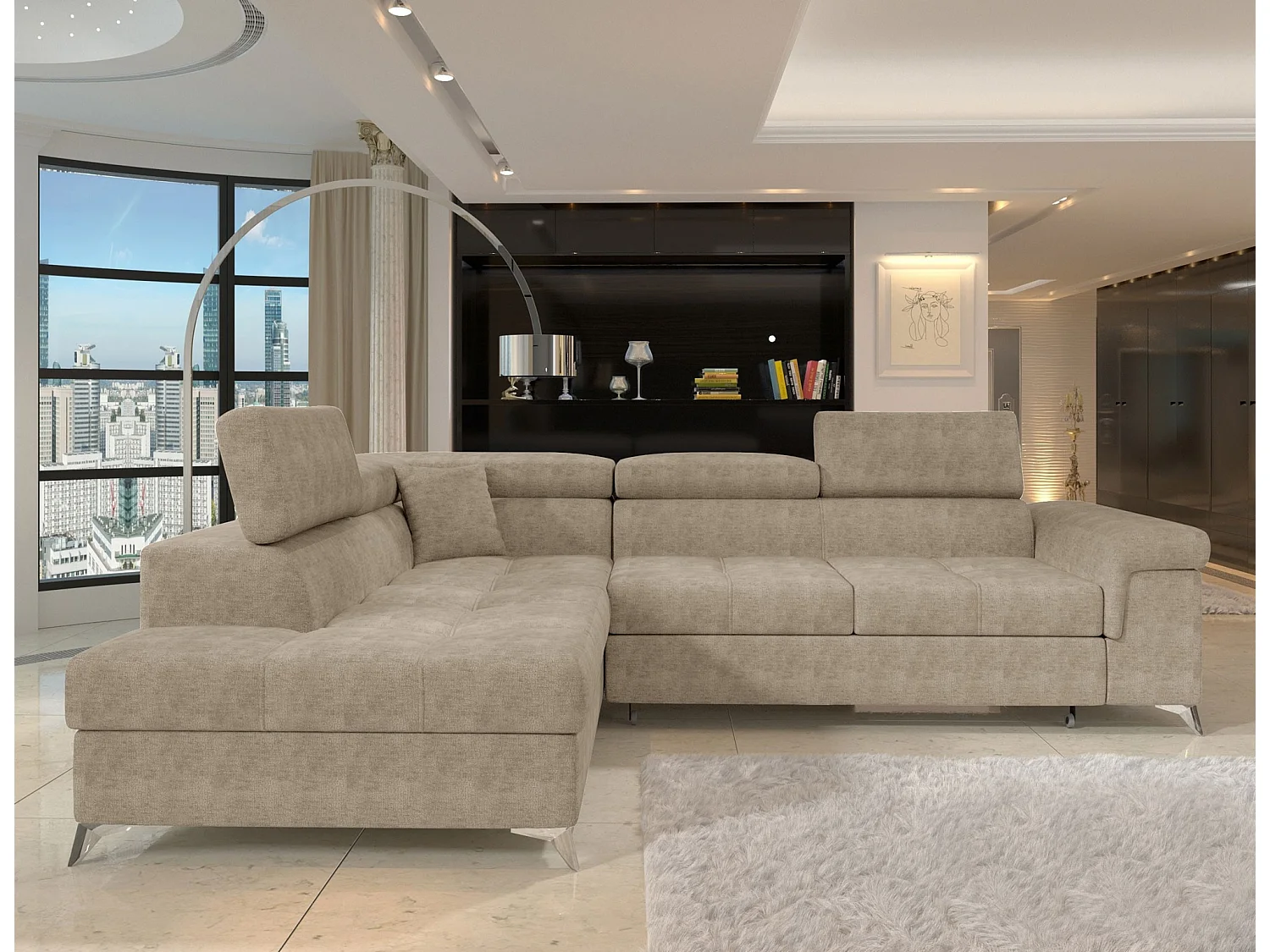Canapé d’angle convertible MARIDO en tissu avec coffre et têtières réglables – 275cm-Beige foncé-angle gauche