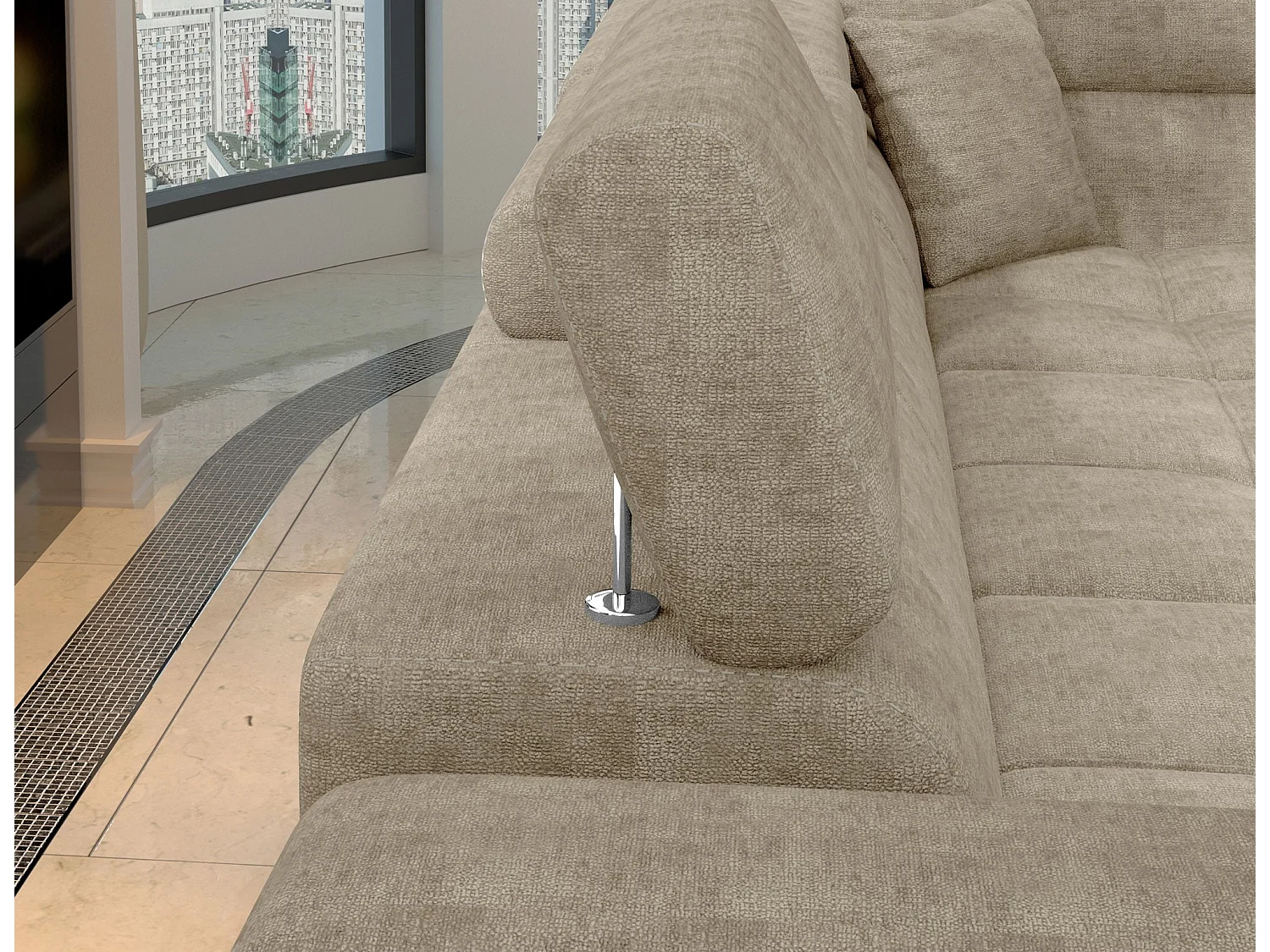 Canapé d’angle convertible MARIDO en tissu avec coffre et têtières réglables – 275cm-Beige foncé-angle gauche