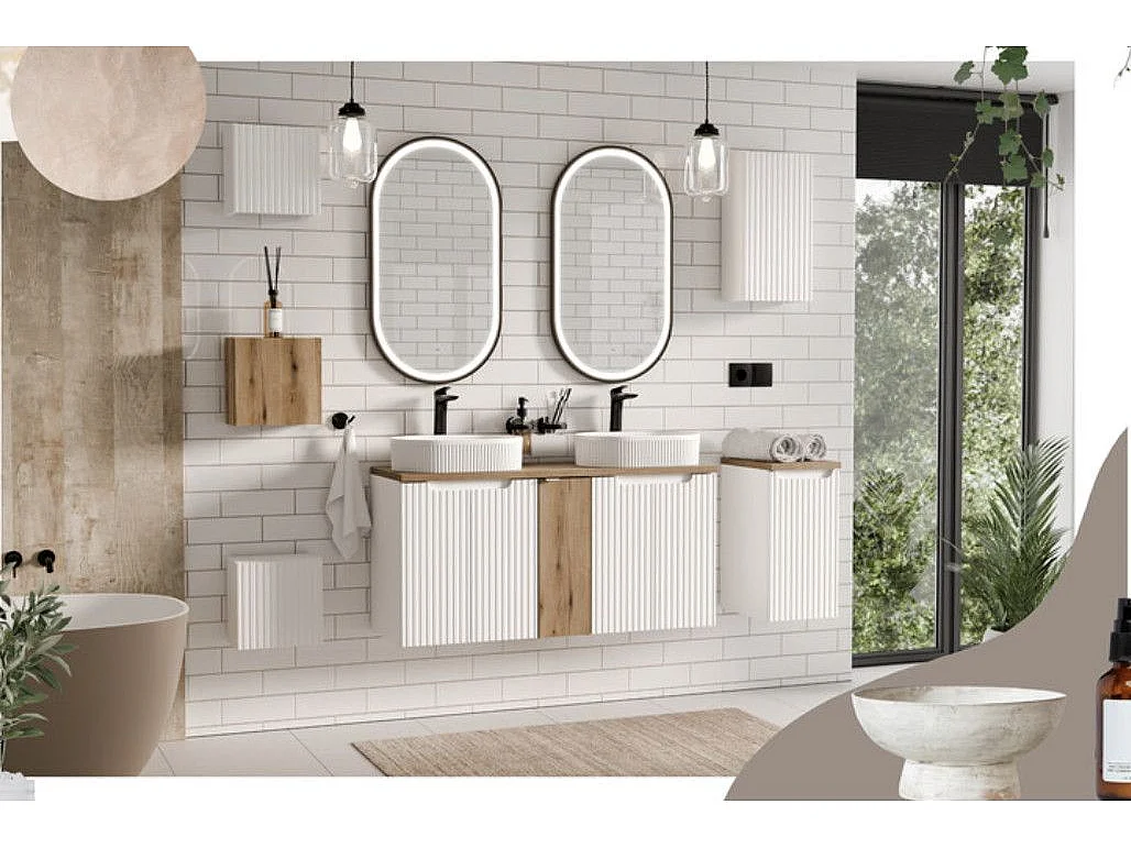 Ensemble meuble salle de bain suspendu NOVA 110cm – Vasque, colonne et meuble 2 portes-Blanc