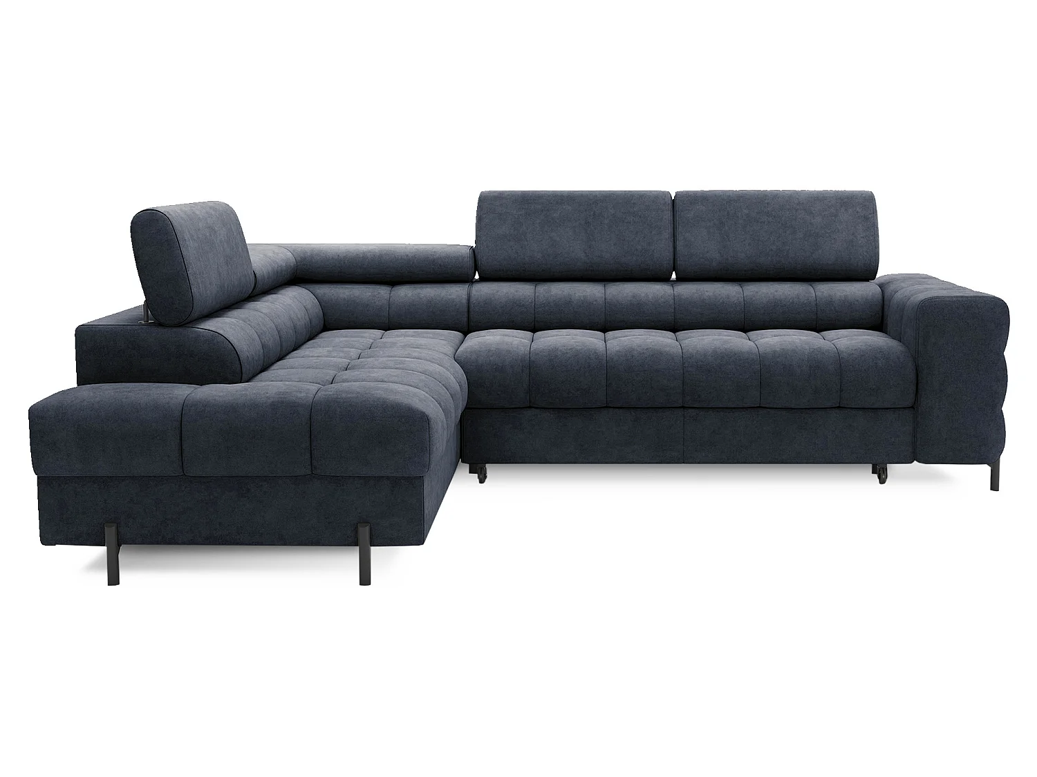 Canapé d’angle convertible LUCCINO en tissu avec coffre, têtières réglables et pieds en métal noir – 276cm-Bleu foncé-angle gauche