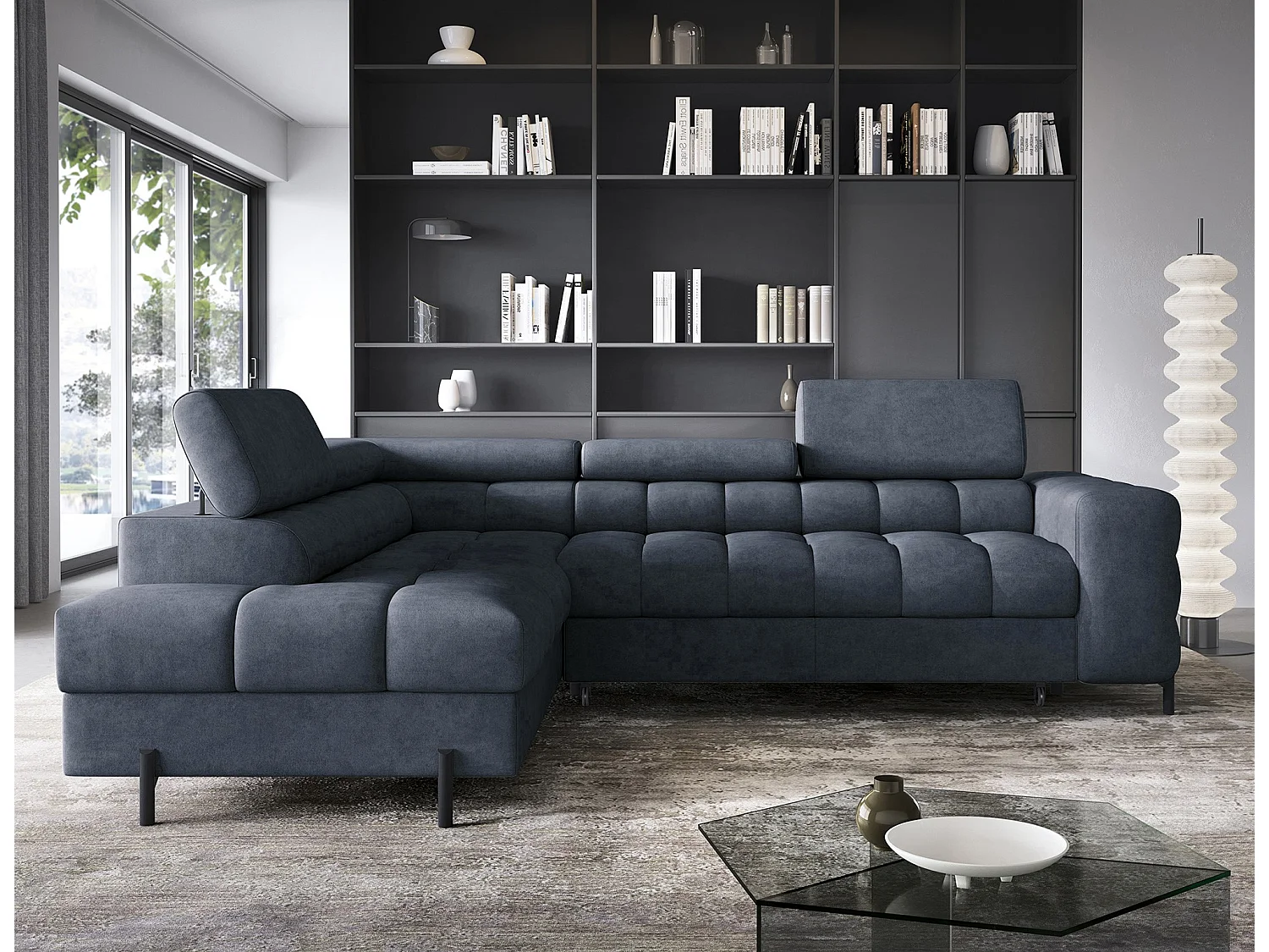 Canapé d’angle convertible LUCCINO en tissu avec coffre, têtières réglables et pieds en métal noir – 276cm-Bleu foncé-angle gauche