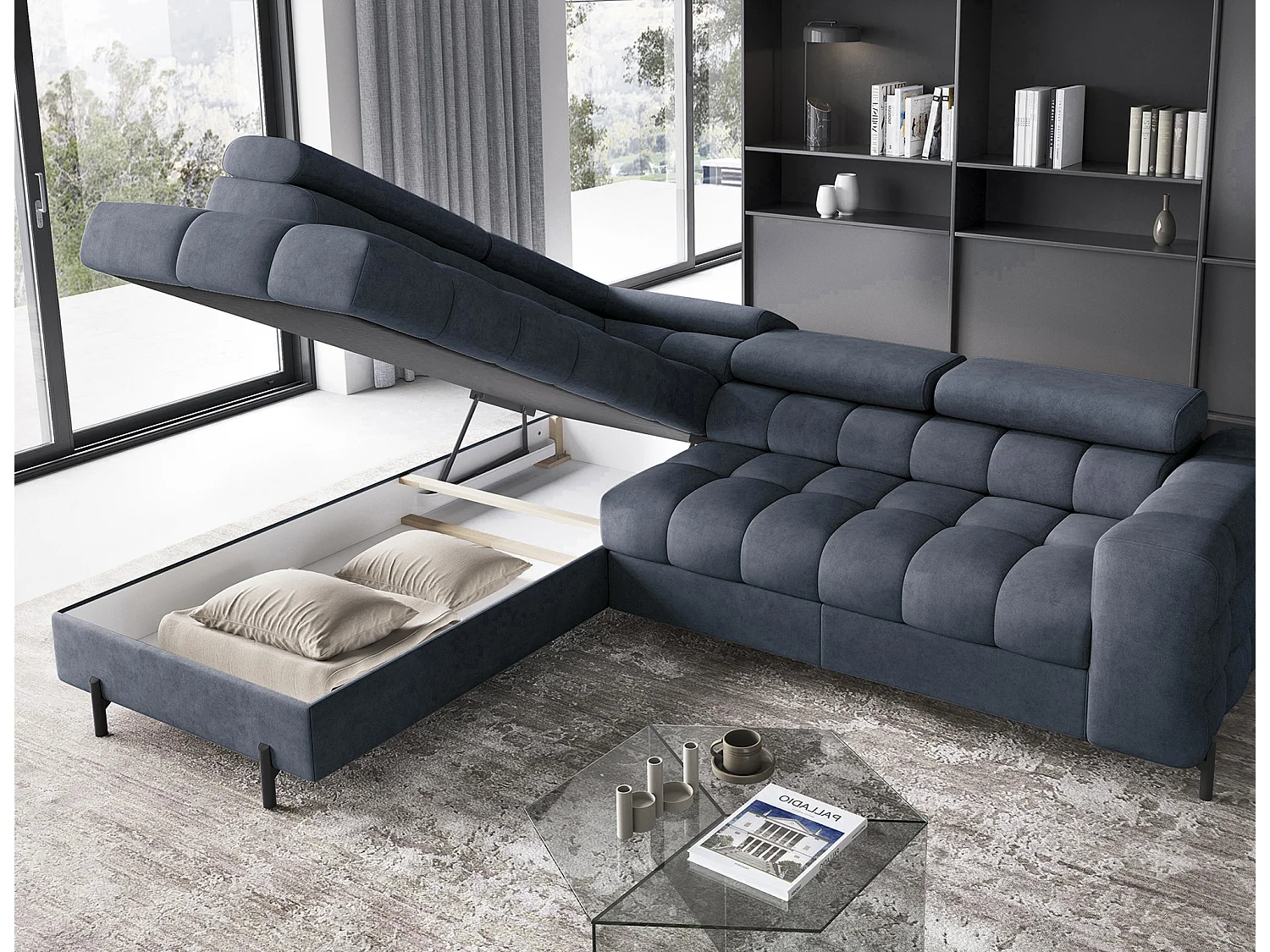 Canapé d’angle convertible LUCCINO en tissu avec coffre, têtières réglables et pieds en métal noir – 276cm-Bleu foncé-angle gauche