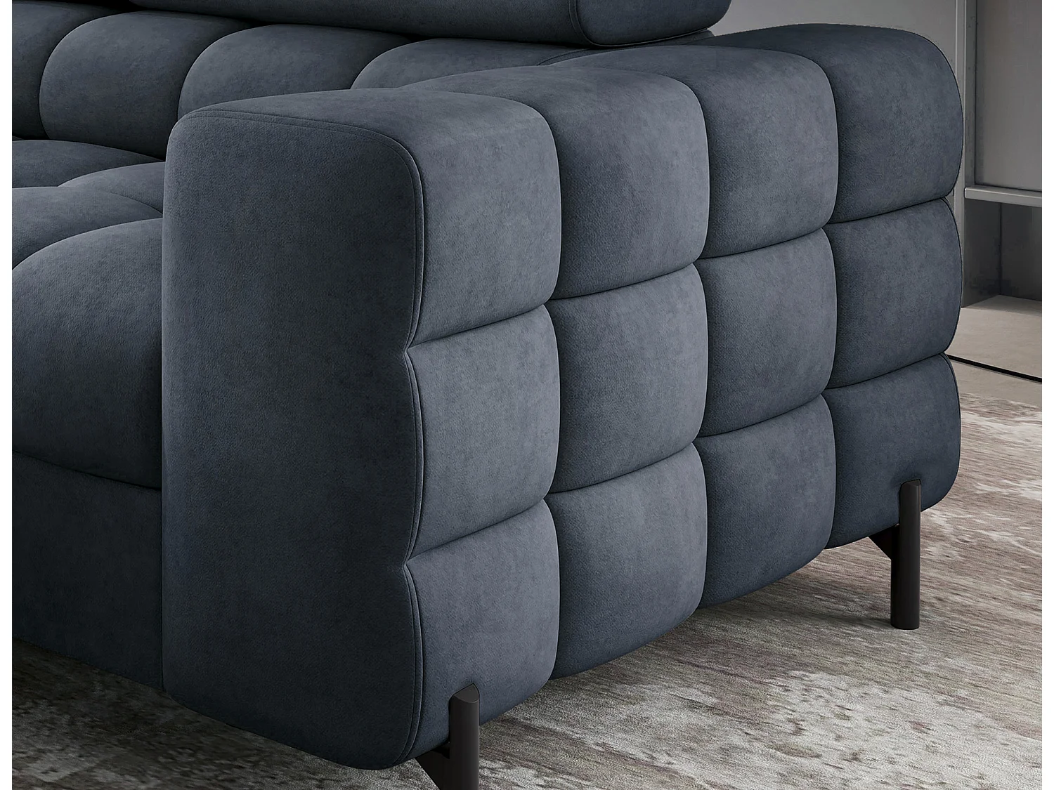 Canapé d’angle convertible LUCCINO en tissu avec coffre, têtières réglables et pieds en métal noir – 276cm-Bleu foncé-angle gauche