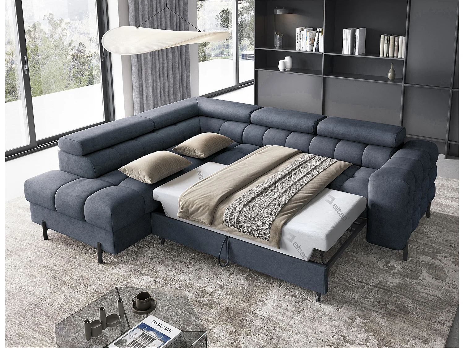 Canapé d’angle convertible LUCCINO en tissu avec coffre, têtières réglables et pieds en métal noir – 276cm-Bleu foncé-angle gauche
