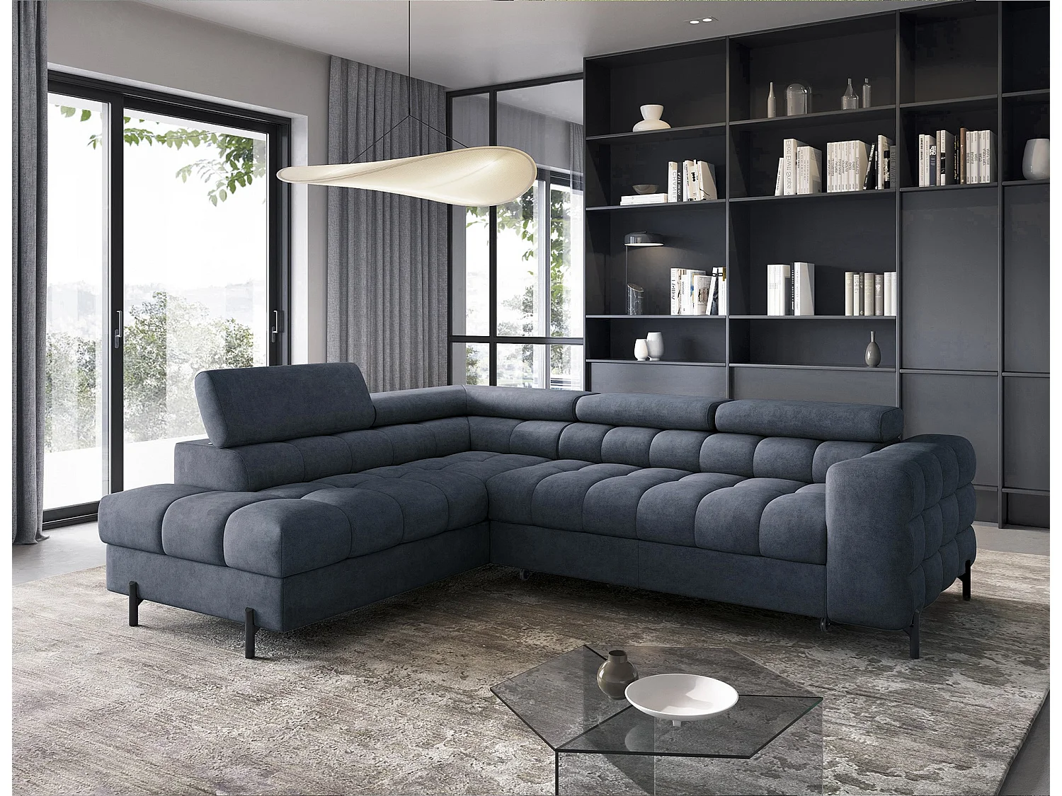Canapé d’angle convertible LUCCINO en tissu avec coffre, têtières réglables et pieds en métal noir – 276cm-Bleu foncé-angle gauche
