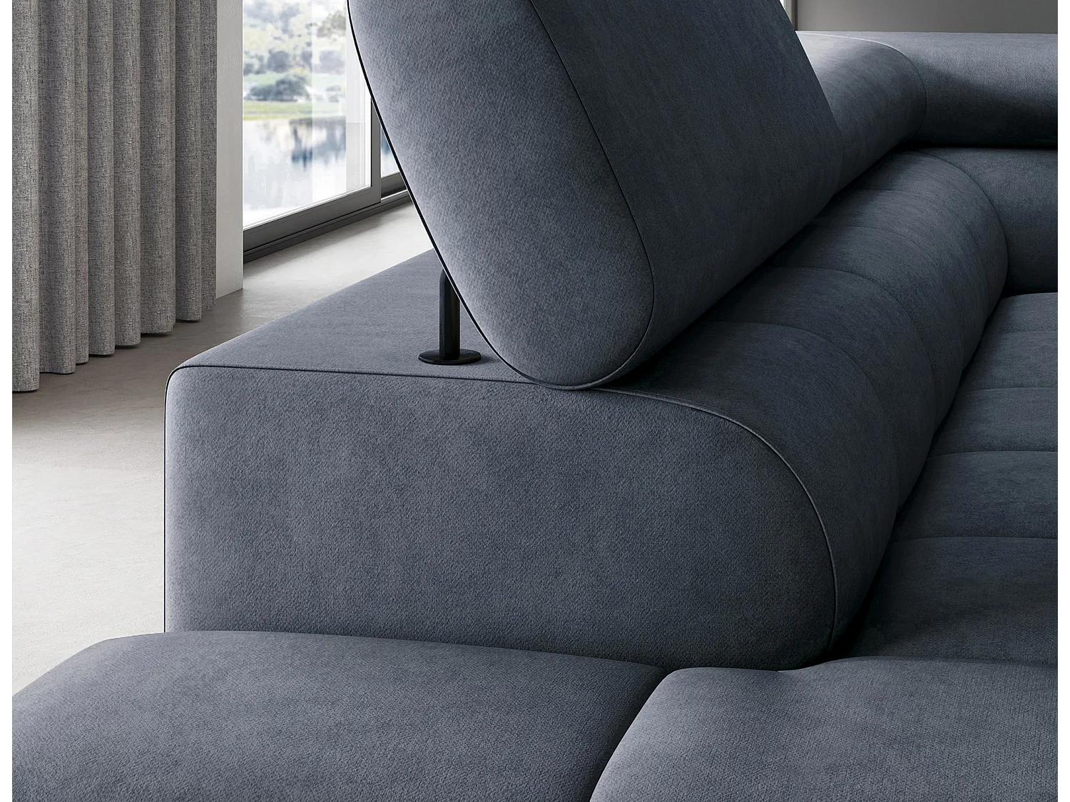 Canapé d’angle convertible LUCCINO en tissu avec coffre, têtières réglables et pieds en métal noir – 276cm-Bleu foncé-angle gauche