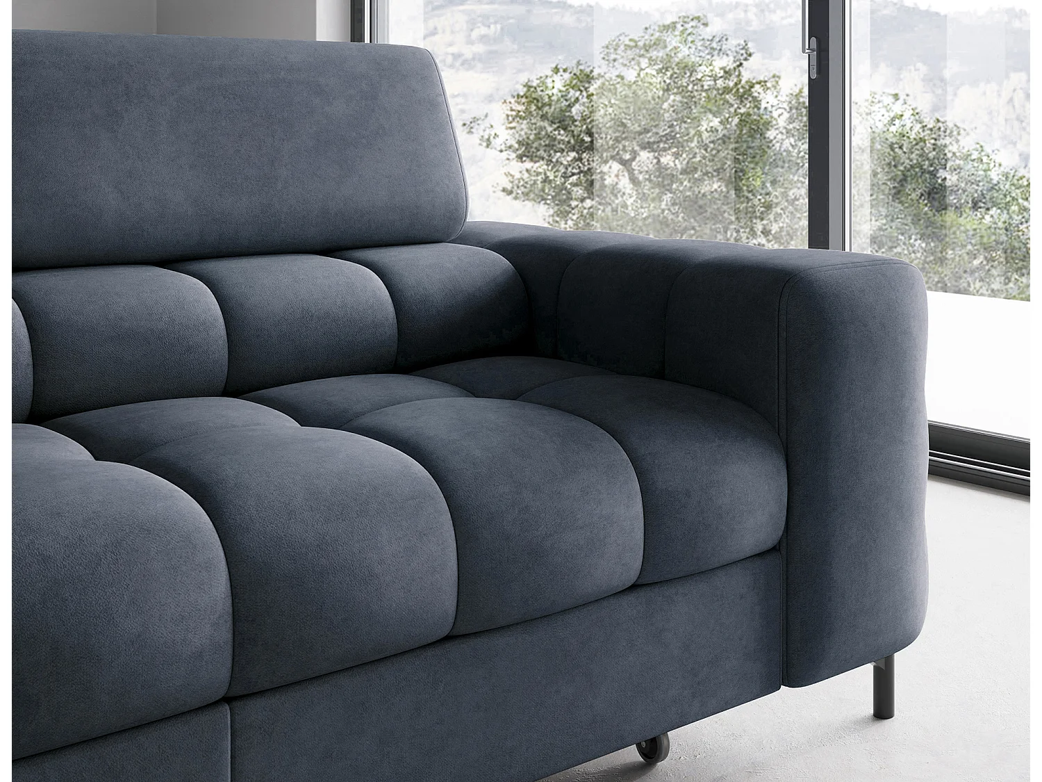 Canapé d’angle convertible LUCCINO en tissu avec coffre, têtières réglables et pieds en métal noir – 276cm-Bleu foncé-angle gauche