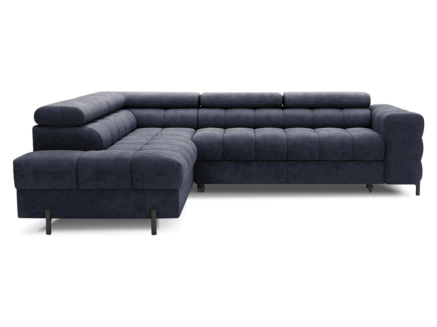 Canapé d’angle convertible LUCCINO en tissu avec coffre, têtières réglables et pieds en métal noir – 276cm-Bleu foncé-angle gauche