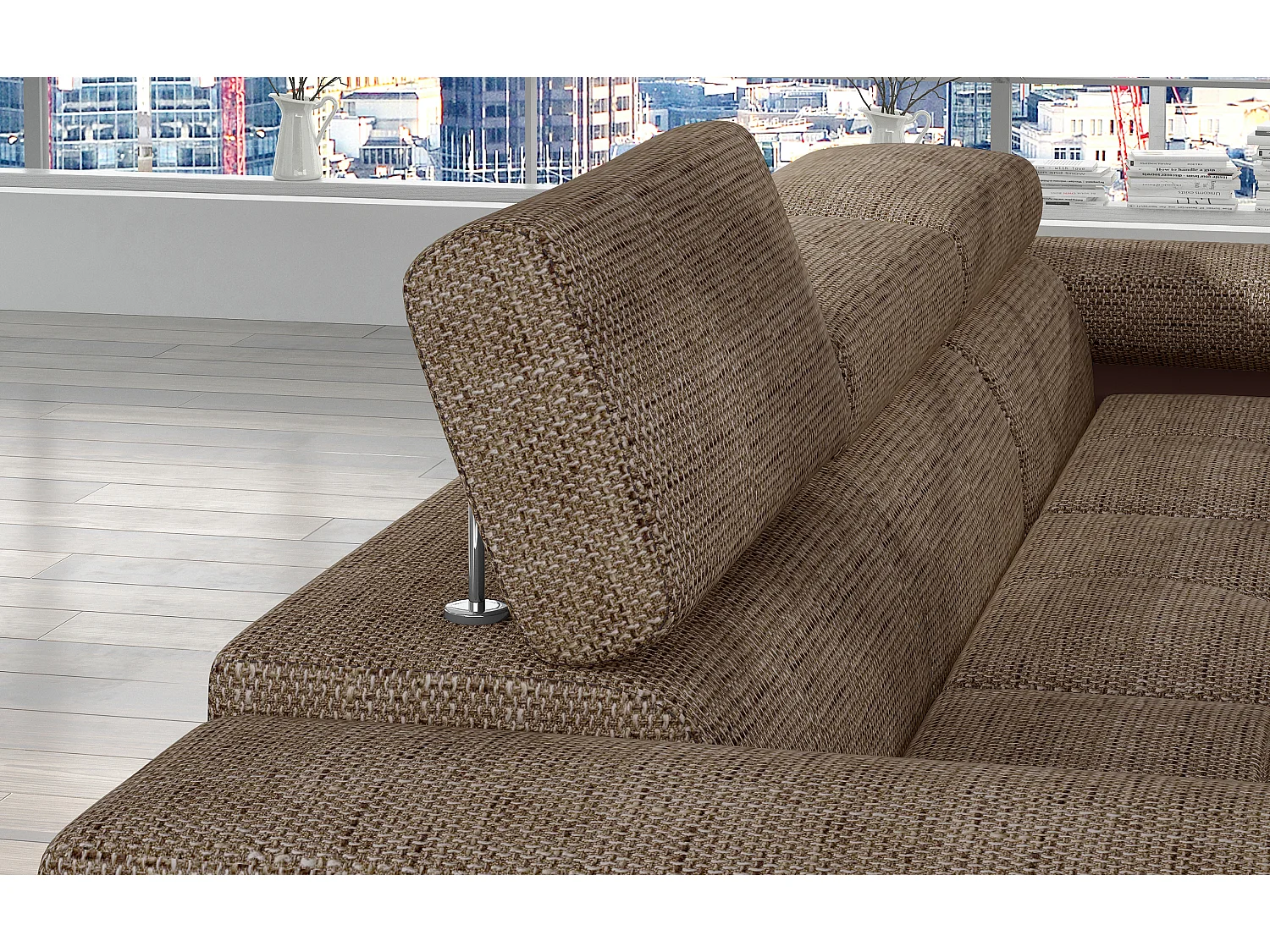 Sofá esquinero convertible KALIZO con reposacabezas regulables - Base y patas de acero cromado-Marrón/Marrón claro-Ángulos rectos