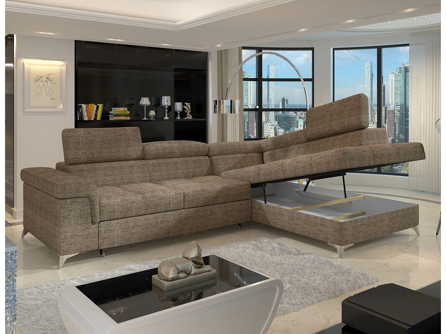 Canapé d’angle convertible MARIDO en tissu avec coffre et têtières réglables – 275cm-Beige chiné-angle droit