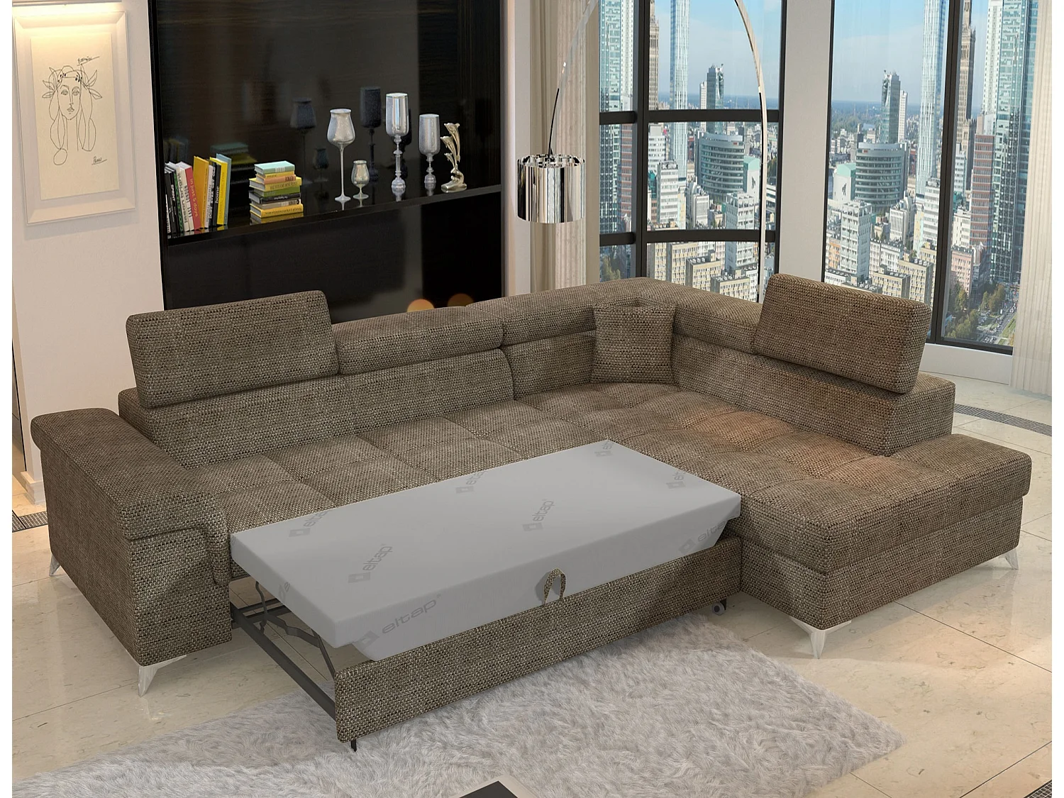 Canapé d’angle convertible MARIDO en tissu avec coffre et têtières réglables – 275cm-Beige chiné-angle droit