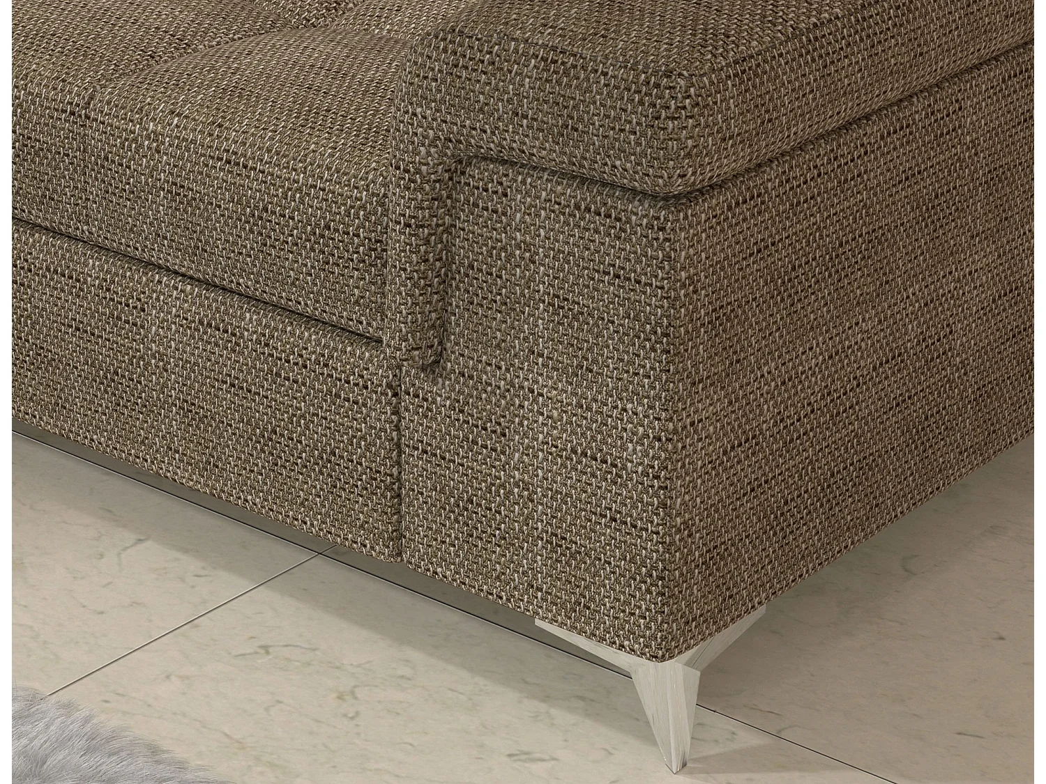Canapé d’angle convertible MARIDO en tissu avec coffre et têtières réglables – 275cm-Beige chiné-angle droit