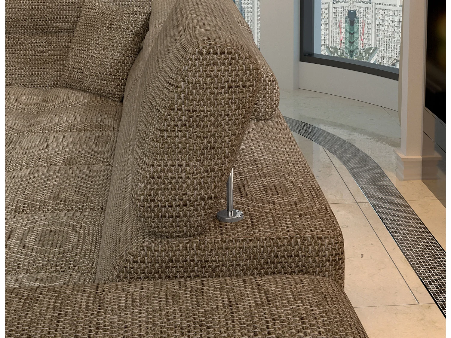 Canapé d’angle convertible MARIDO en tissu avec coffre et têtières réglables – 275cm-Beige chiné-angle droit