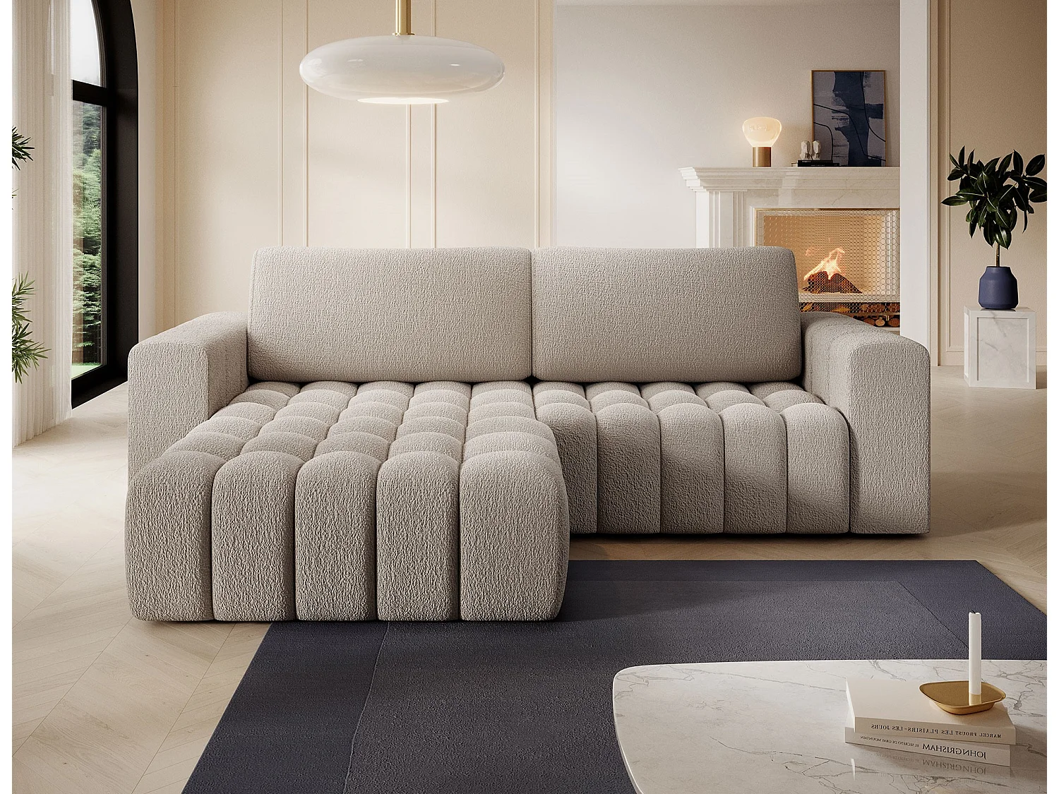 Canapé d’angle convertible BOZEN en tissu bouclette capitonné avec coffre – 250cm-Beige-angle gauche