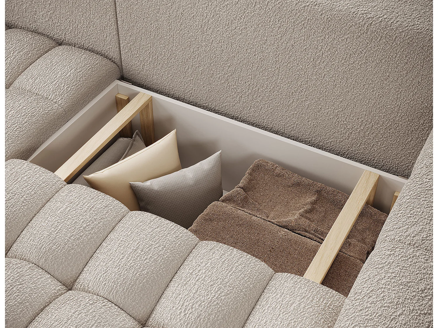 Canapé d’angle convertible BOZEN en tissu bouclette capitonné avec coffre – 250cm-Beige-angle gauche