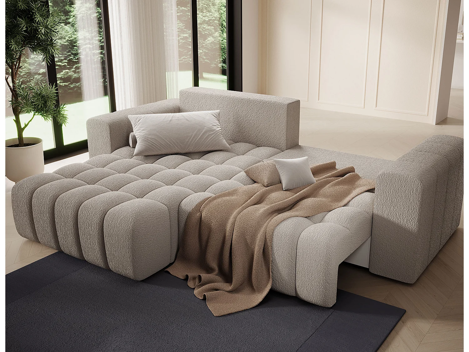 Canapé d’angle convertible BOZEN en tissu bouclette capitonné avec coffre – 250cm-Beige-angle gauche