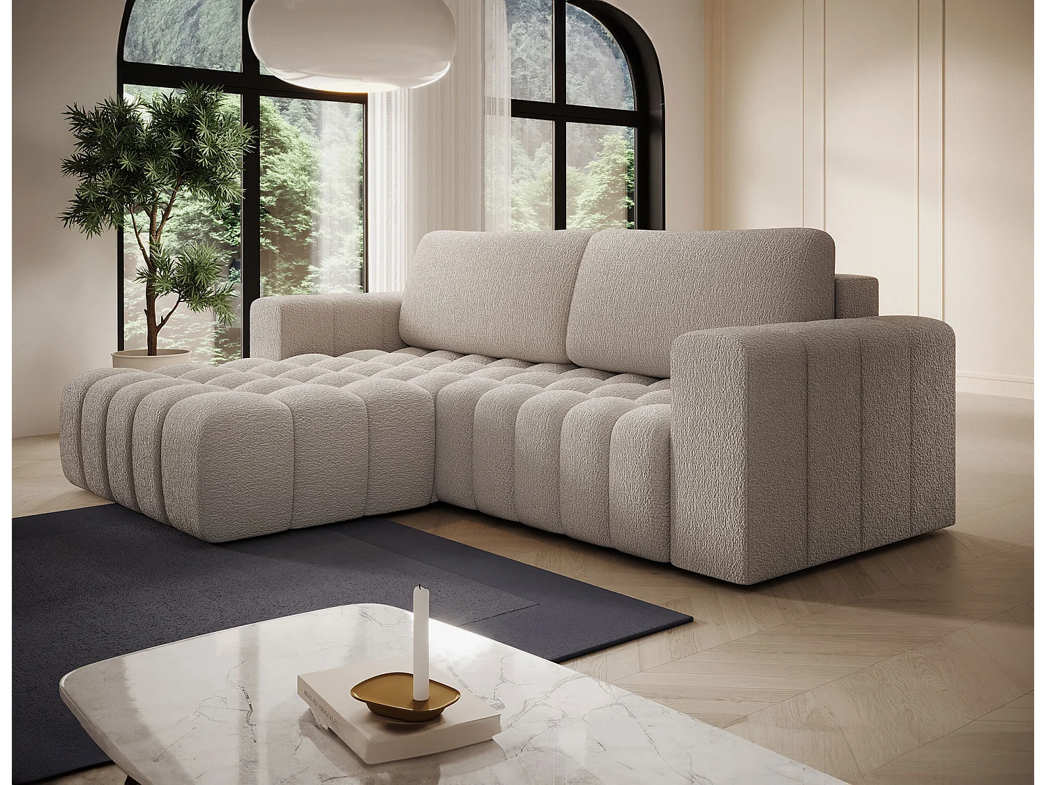 Canapé d’angle convertible BOZEN en tissu bouclette capitonné avec coffre – 250cm-Beige-angle gauche