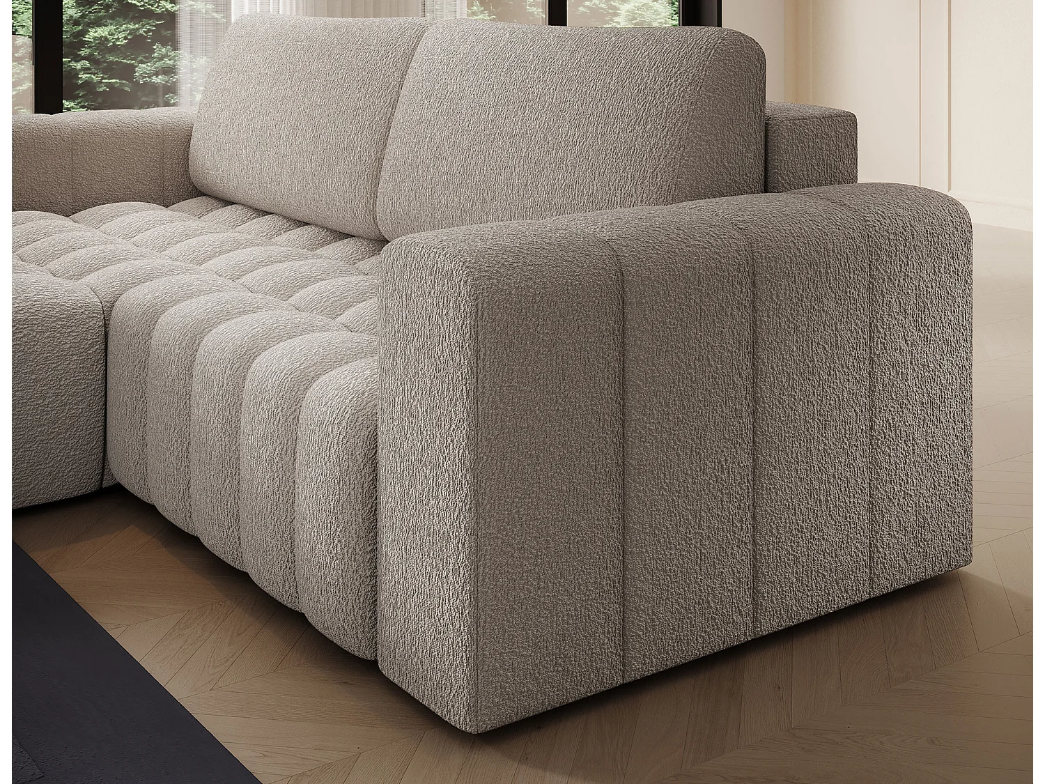 Canapé d’angle convertible BOZEN en tissu bouclette capitonné avec coffre – 250cm-Beige-angle gauche
