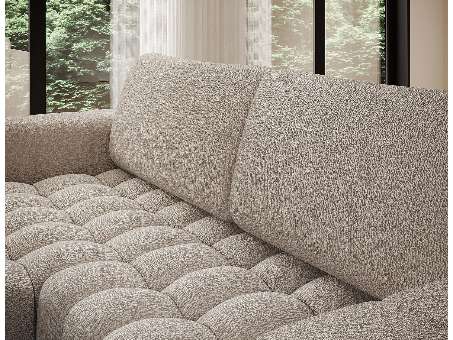Canapé d’angle convertible BOZEN en tissu bouclette capitonné avec coffre – 250cm-Beige-angle gauche