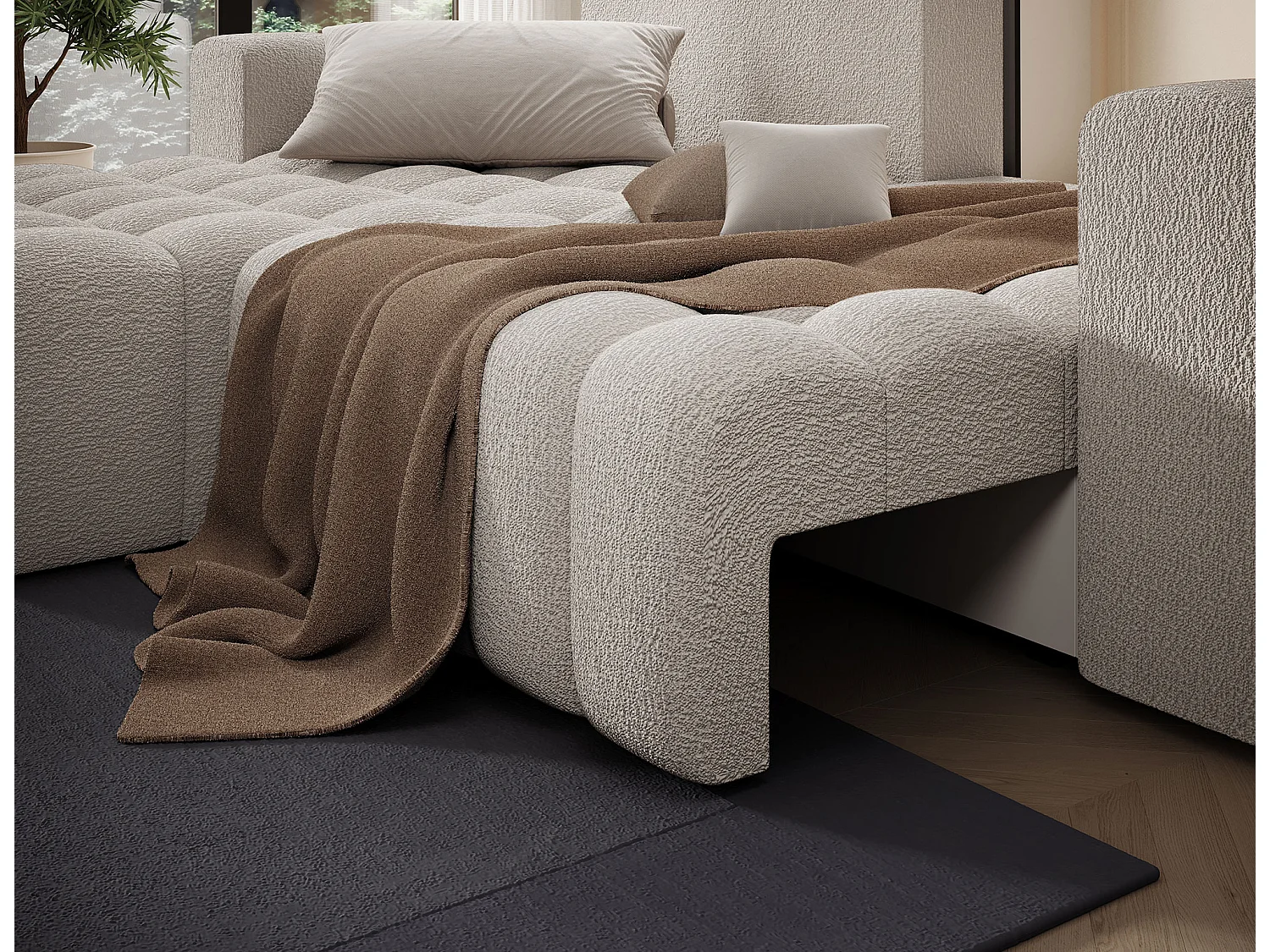 Canapé d’angle convertible BOZEN en tissu bouclette capitonné avec coffre – 250cm-Beige-angle gauche