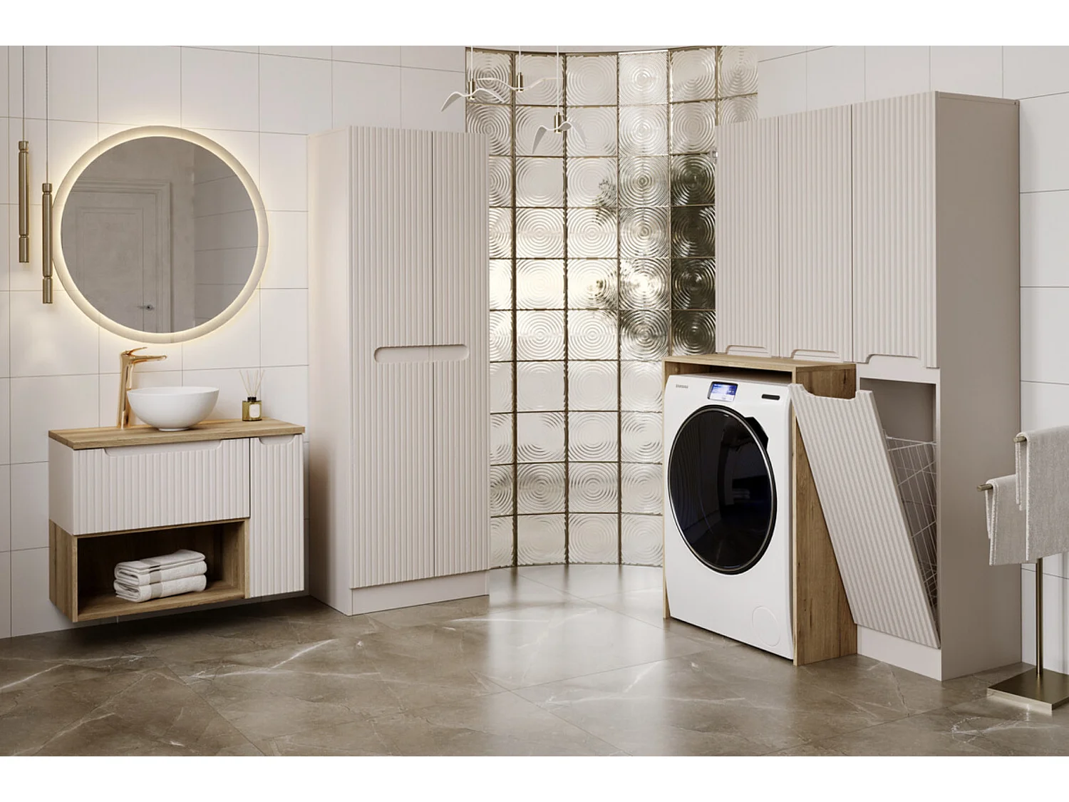 Ensemble meuble salle de bain suspendu SKY Taupe avec vasque et colonne-Largeur 80 cm