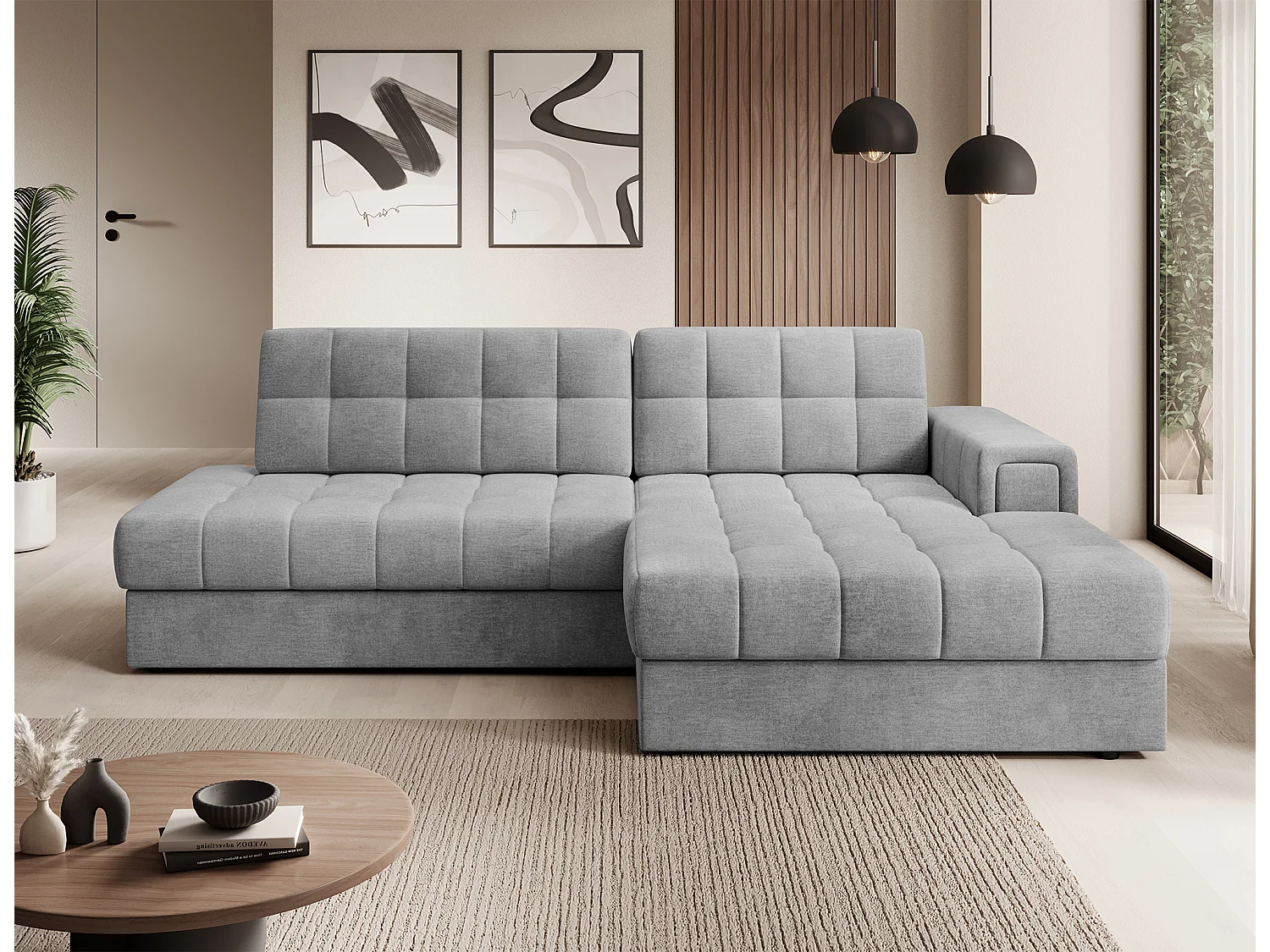Canapé d’angle convertible KELLY en velours avec coffre – 240cm-Gris clair-Méridienne A droite