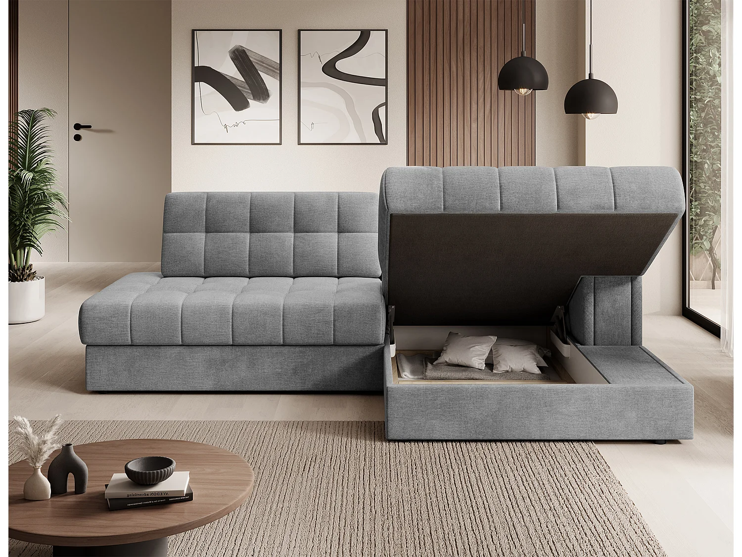 Canapé d’angle convertible KELLY en velours avec coffre – 240cm-Gris clair-Méridienne A droite
