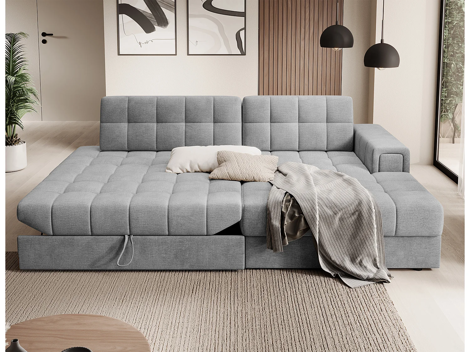 Canapé d’angle convertible KELLY en velours avec coffre – 240cm-Gris clair-Méridienne A droite