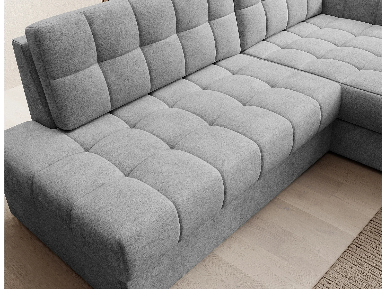 Canapé d’angle convertible KELLY en velours avec coffre – 240cm-Gris clair-Méridienne A droite