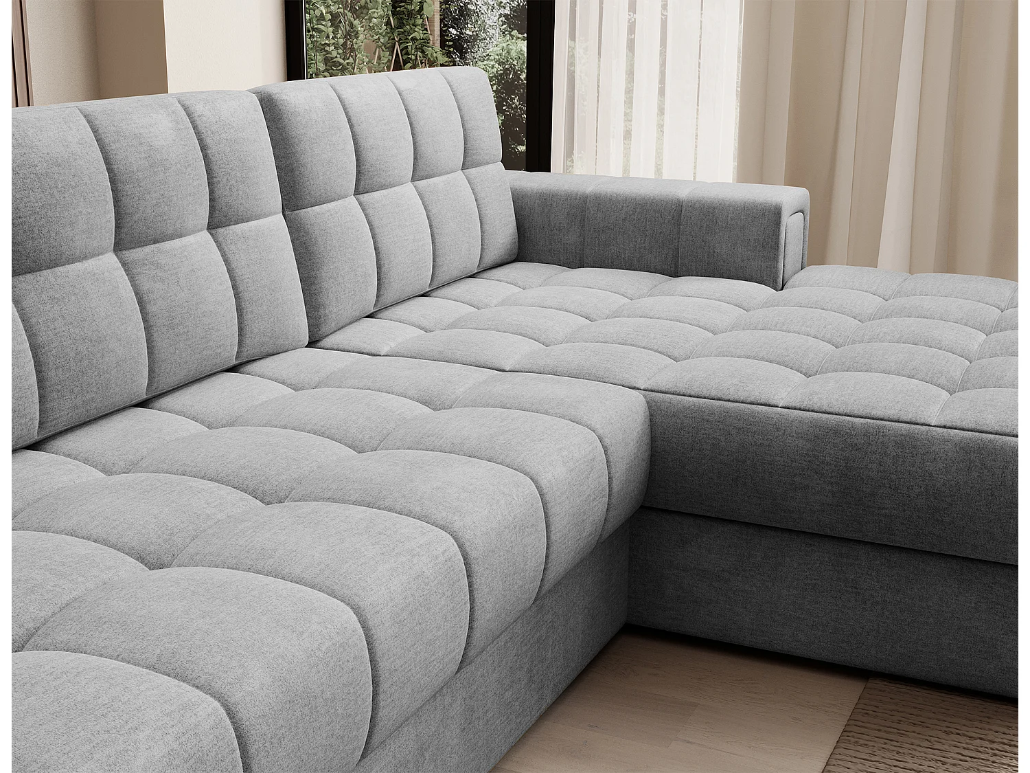Canapé d’angle convertible KELLY en velours avec coffre – 240cm-Gris clair-Méridienne A droite
