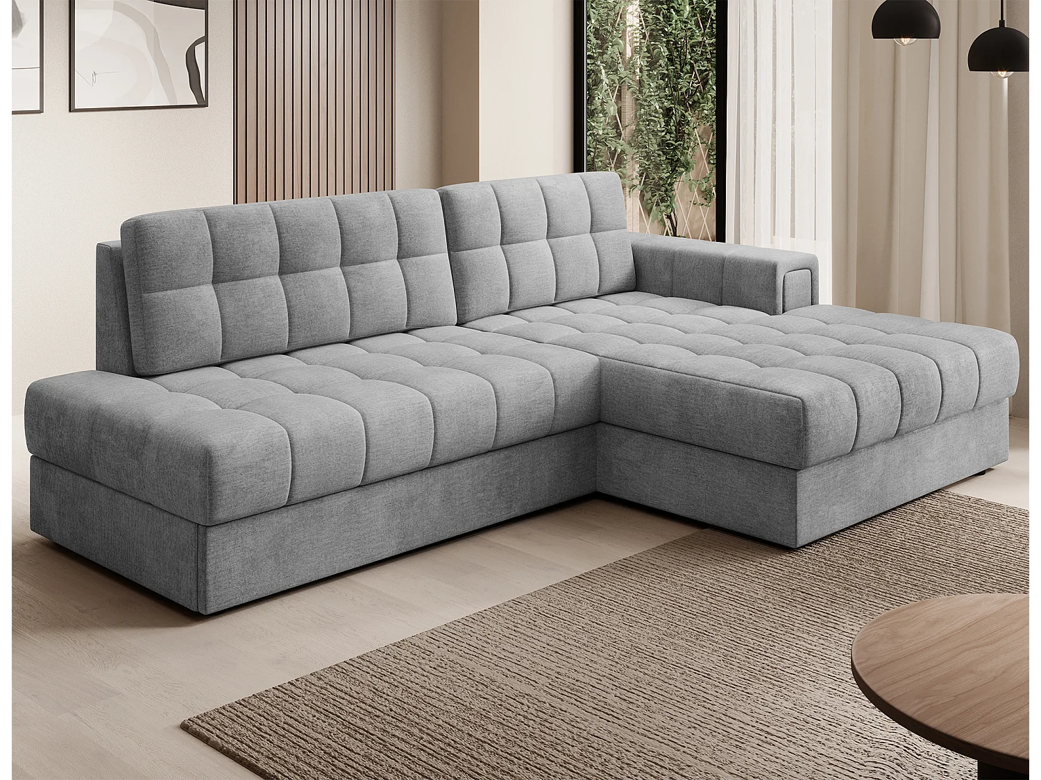 Canapé d’angle convertible KELLY en velours avec coffre – 240cm-Gris clair-Méridienne A droite