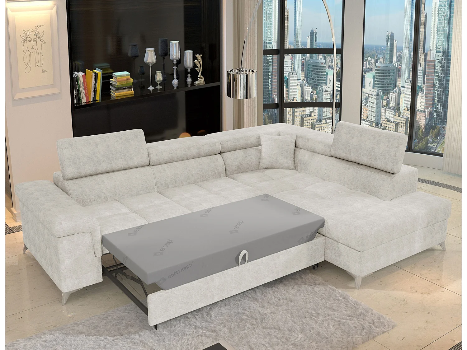 Canapé d’angle convertible MARIDO en tissu avec coffre et têtières réglables – 275cm-Beige clair-angle droit