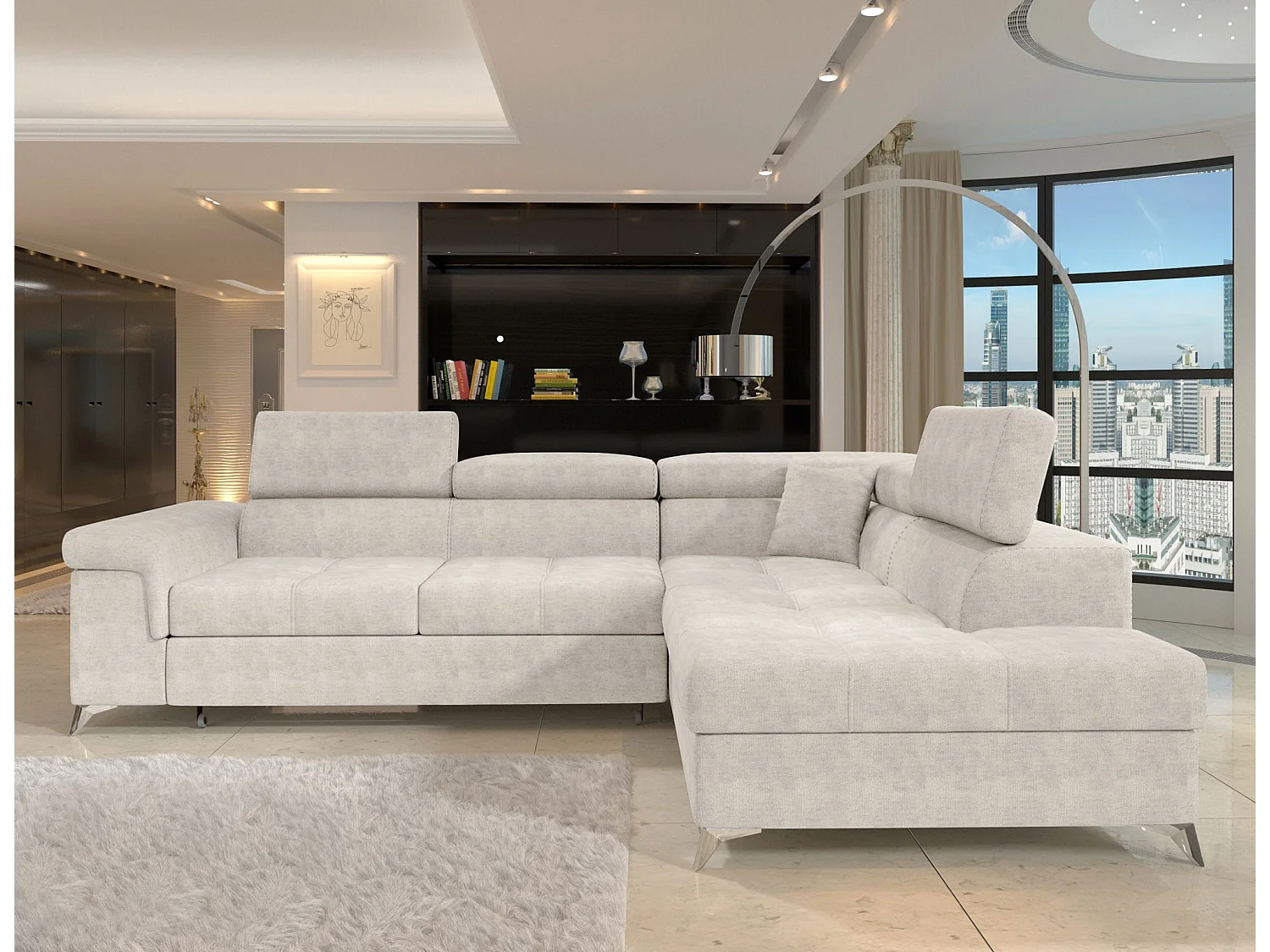 Canapé d’angle convertible MARIDO en tissu avec coffre et têtières réglables – 275cm-Beige clair-angle droit