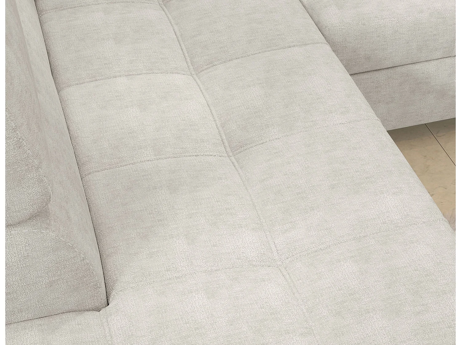 Canapé d’angle convertible MARIDO en tissu avec coffre et têtières réglables – 275cm-Beige clair-angle droit