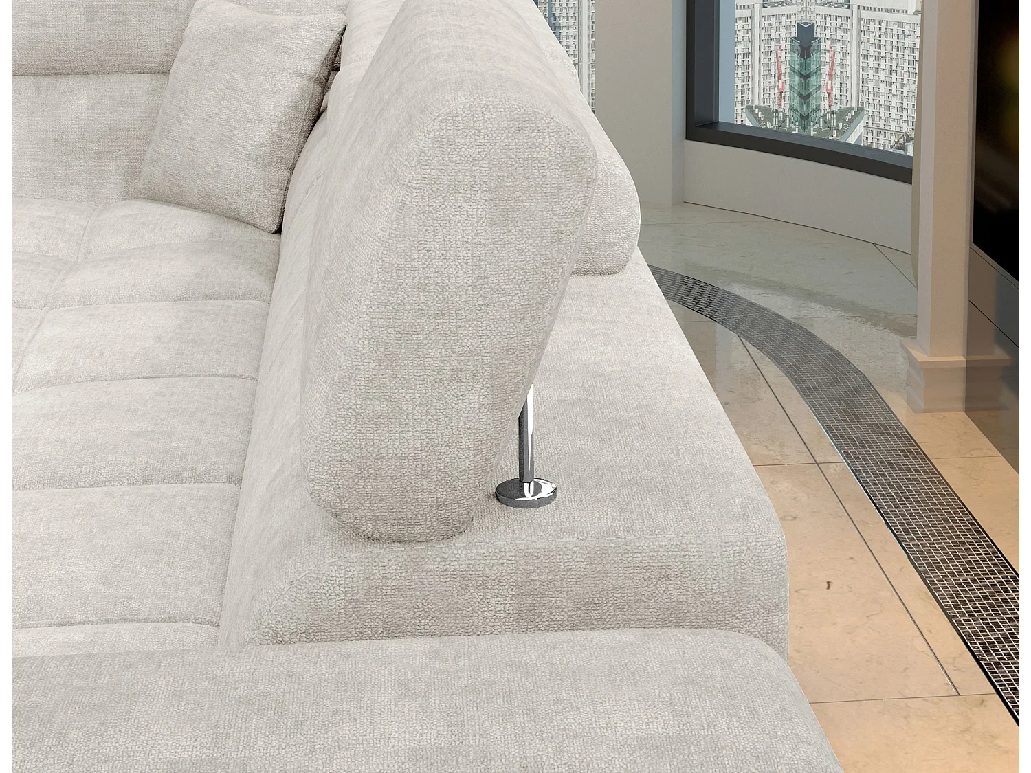 Canapé d’angle convertible MARIDO en tissu avec coffre et têtières réglables – 275cm-Beige clair-angle droit