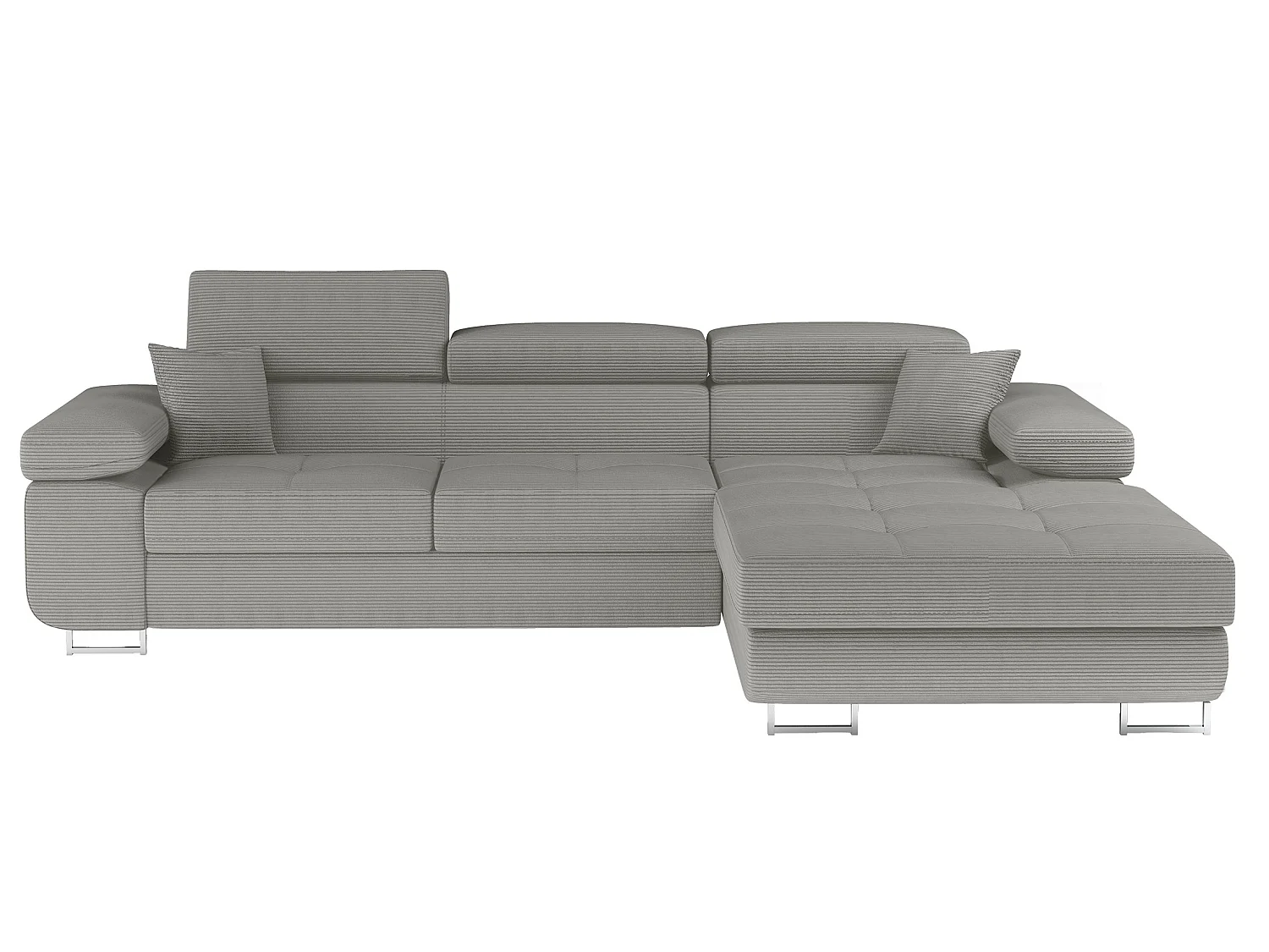 Canapé d’angle convertible KALIZO en tissu côtelé avec coffre, têtières réglables et pieds en acier chromé – 289cm-Gris-angle droit