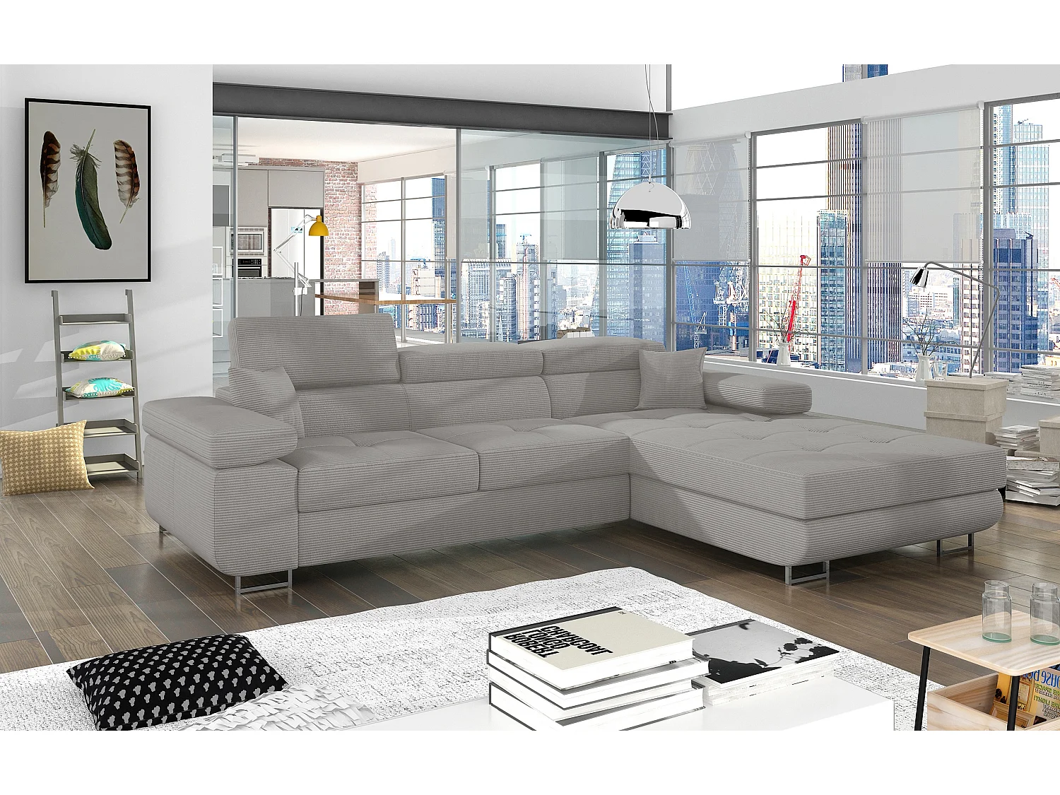 Canapé d’angle convertible KALIZO en tissu côtelé avec coffre, têtières réglables et pieds en acier chromé – 289cm-Gris-angle droit